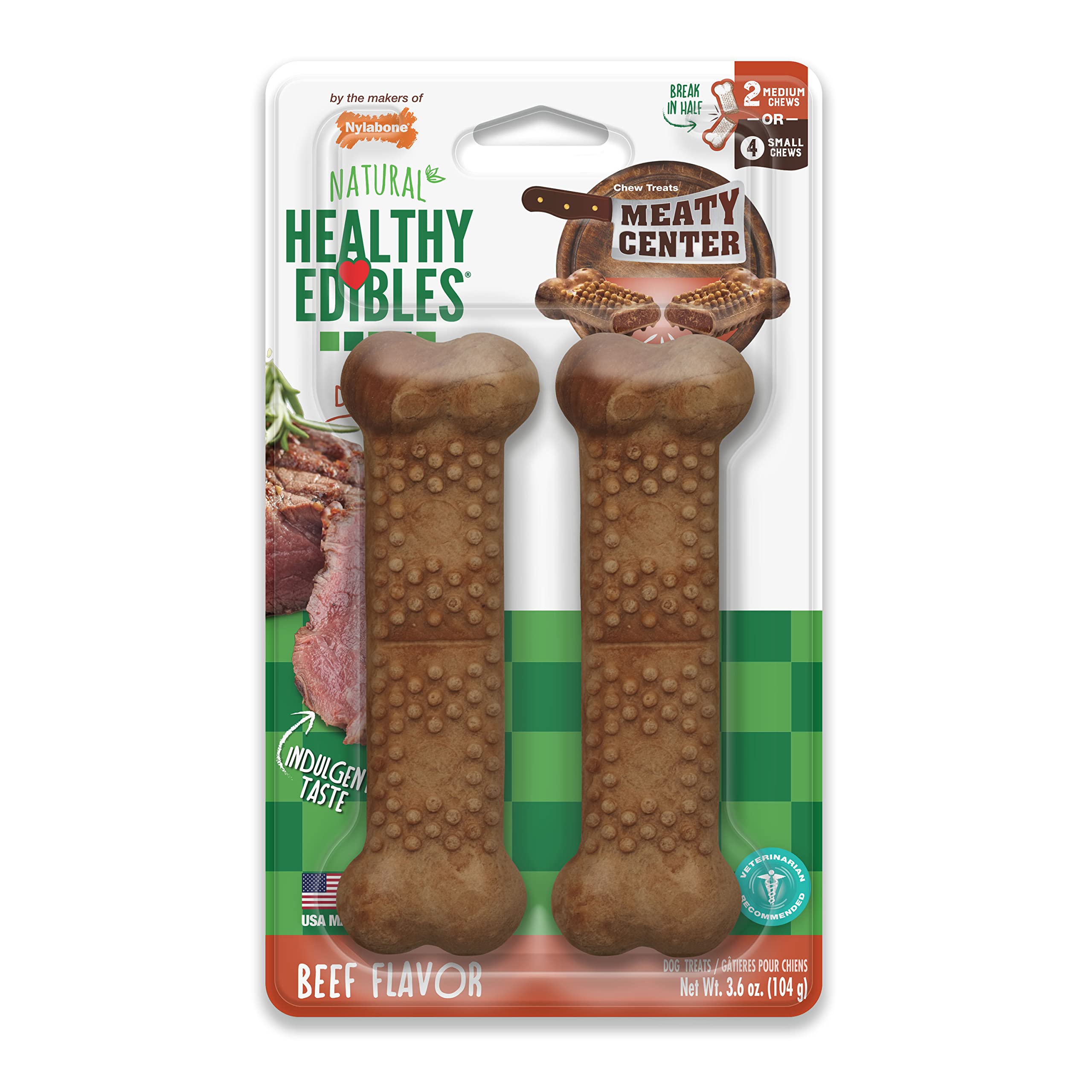 Nylabone Healthy Edibles Natural Dog Chews Long Lasting Meaty Center Beef Flavor Treats for Dogs, Medium (2 Count)