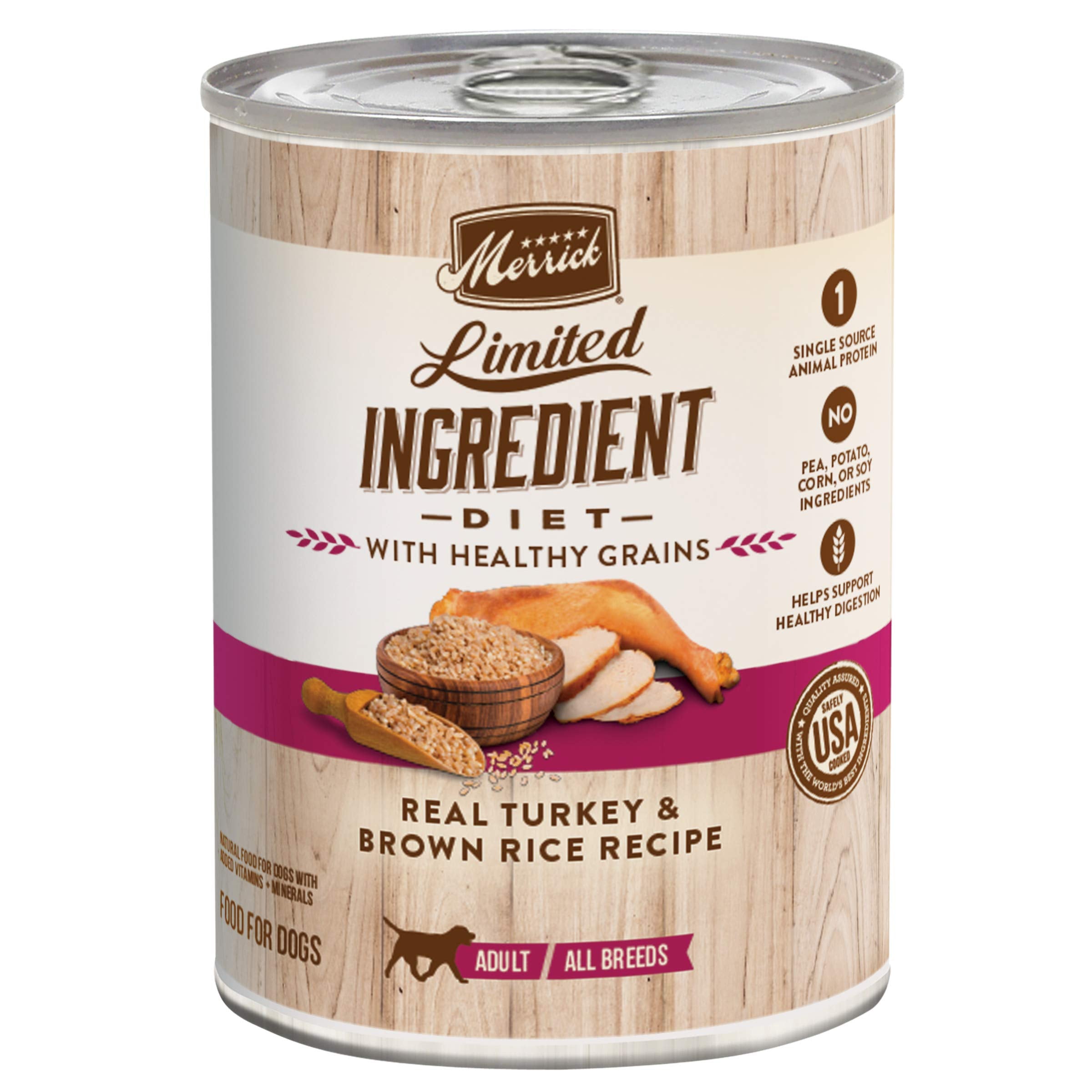 Merrick Limited Ingredient Diet Premium with Healthy Grains Natural Canned Wet Dog Food Turkey and Brown Rice - (Pack of 12) 12.
