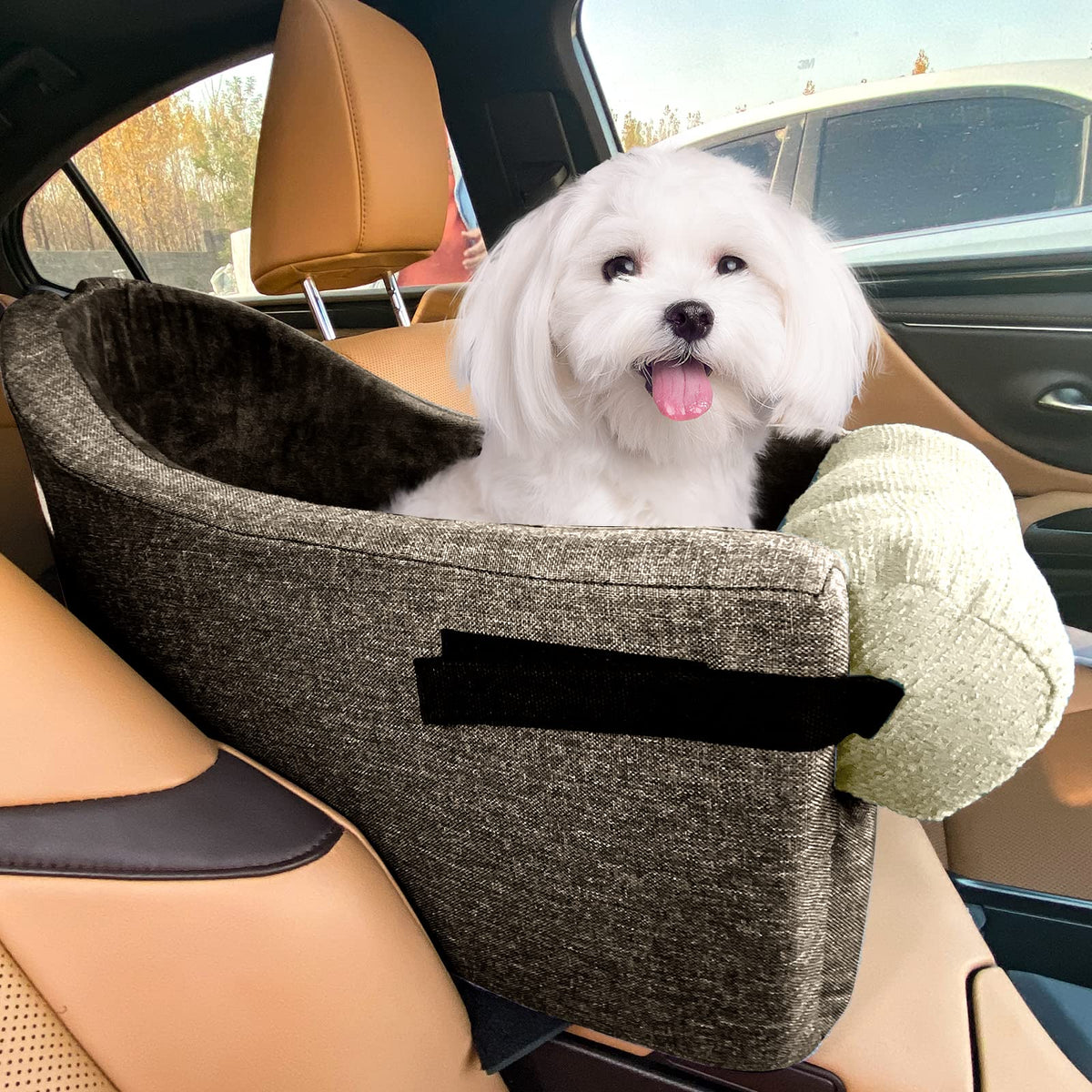 Dog Seat For Car Armrest Pet Car Booster Car Seat Dog Carseat Seat,Middle Console Puppy Car Seat For Small Dog 3-8 Lbs (White+Brown)