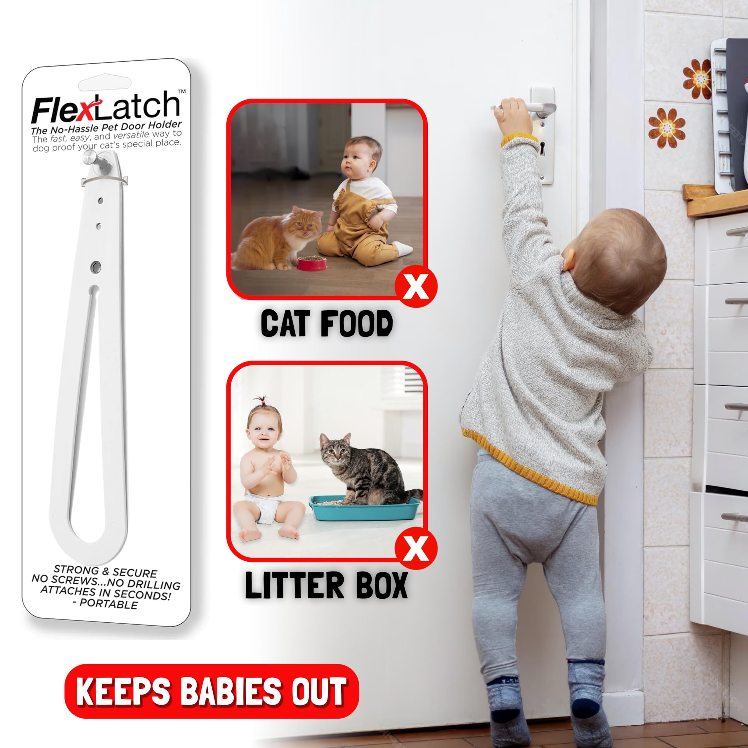 Flexlatch Baby-Pet Door Holder Latch, Child Proof Door Lock, Flex Latch Strap, Lets Cats In And Keeps Children Out (White)