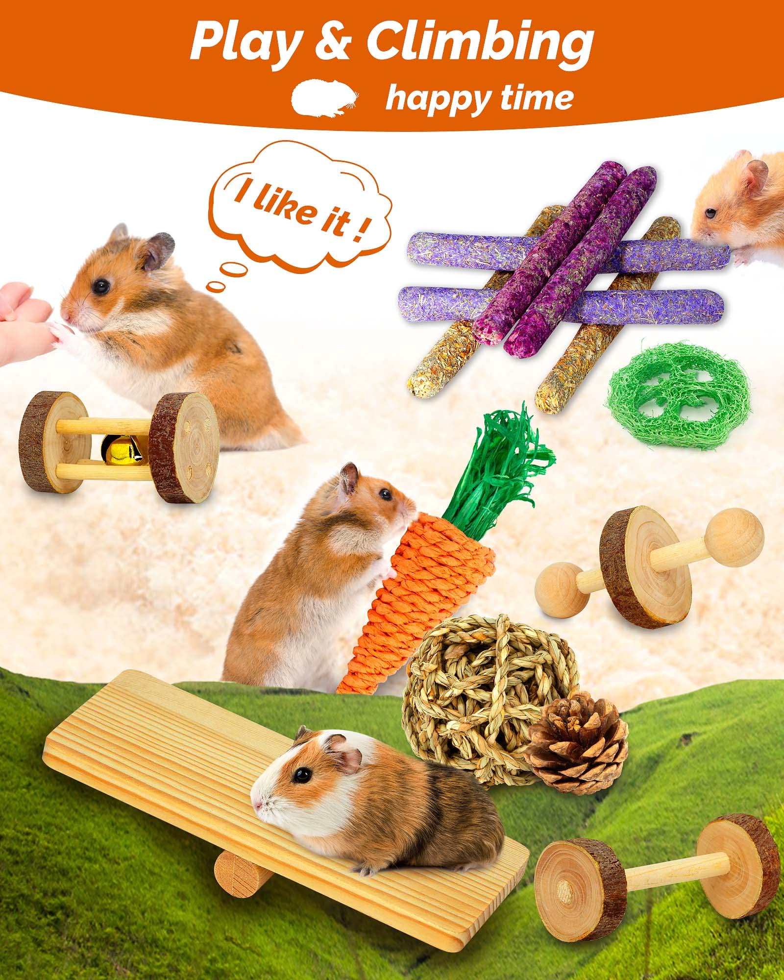 OVERTANG 18 Pcs Wooden Hamster & Guinea Pig Chew Toys, Natural Apple Wood Molar Toys for Small Animals, Exercise Accessories