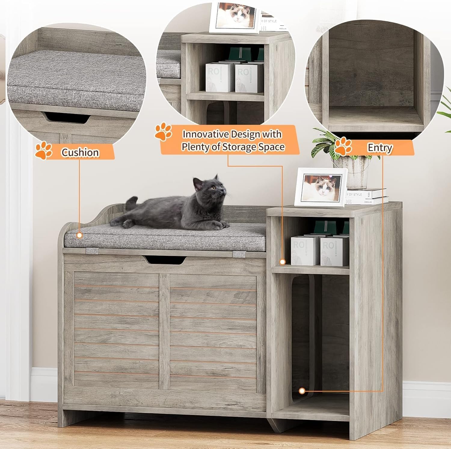 GAOMON Cat Litter Box Enclosure, Large Hidden Litter Box Furniture with Top Opening, Cushion, Storage Shelf, Litter Mat, Wooden