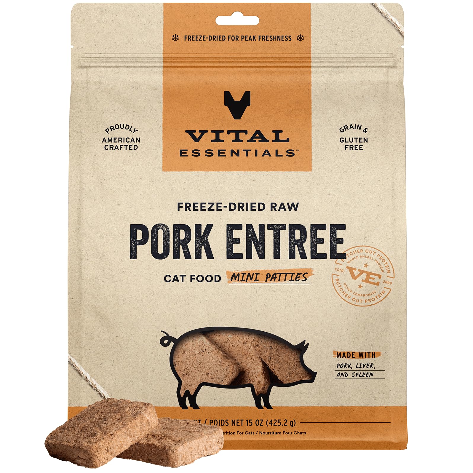 Vital Essentials Freeze Dried Raw Cat Food, Pork Mini Patties Entree, 15 oz