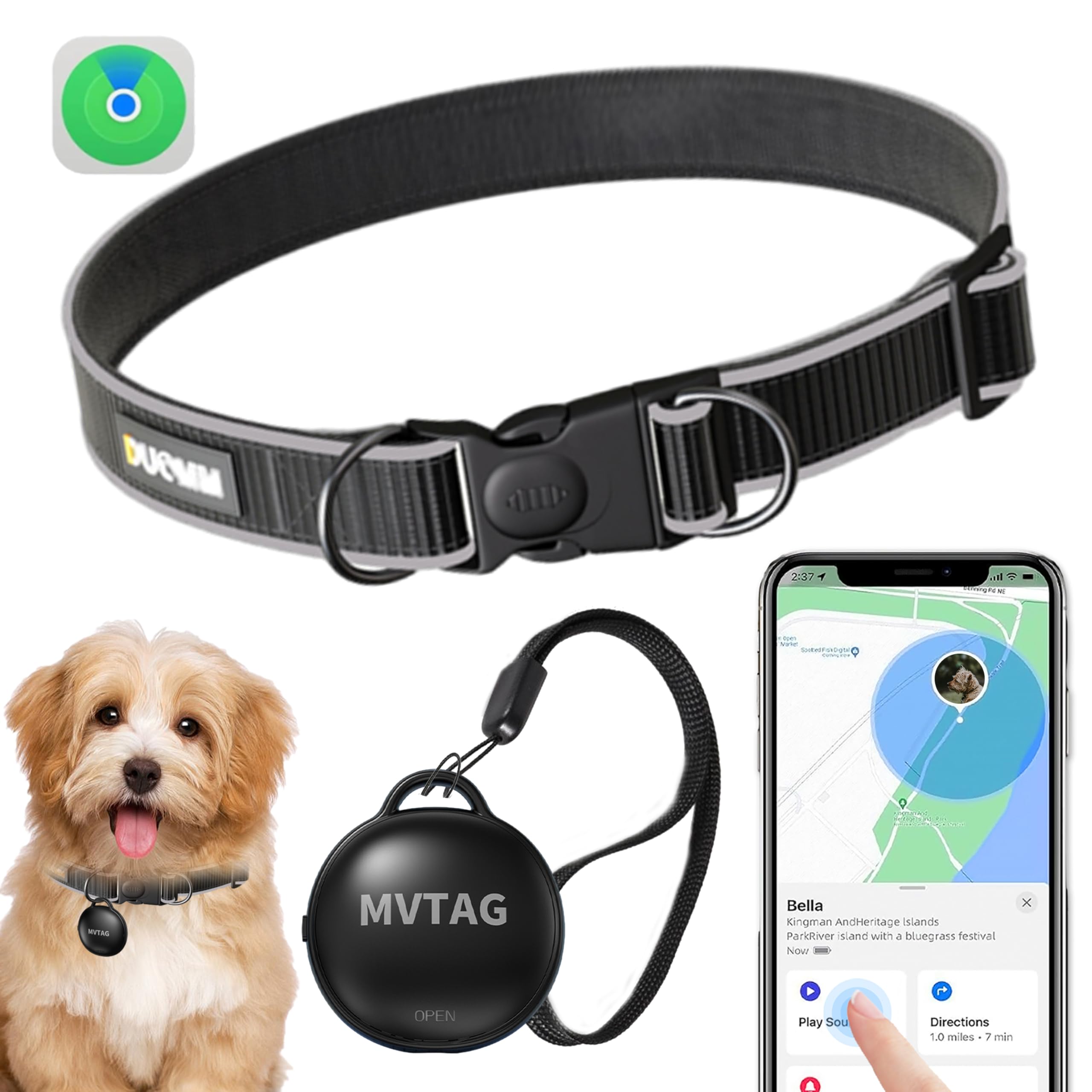 Aoikoy Dog Tracker GPS Collar No Monthly Fee, Real-Time Mini Pet Tracker for Small Medium Large Dogs, Reflective Waterproof Dog 