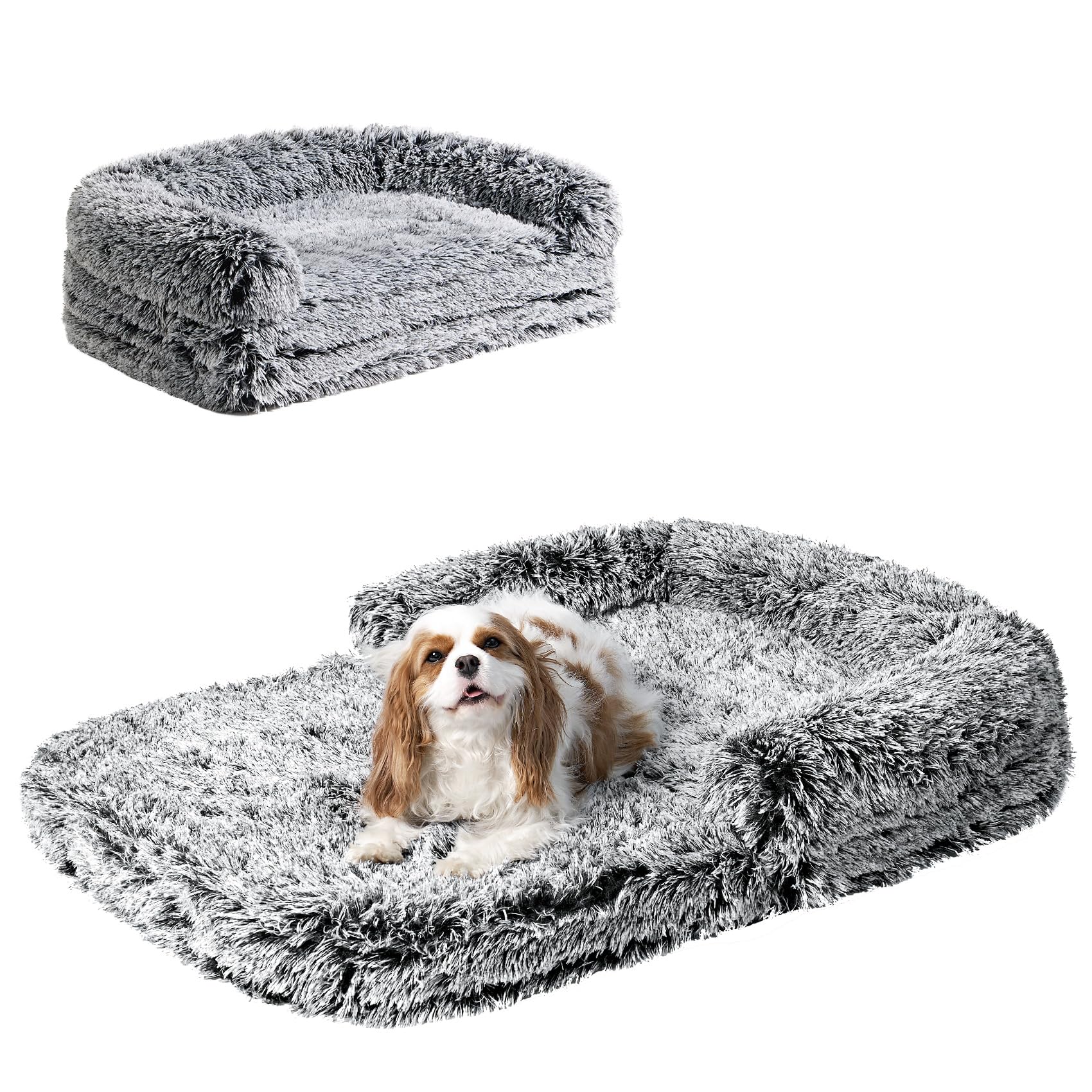 EHEYCIGA Foldable Dog Bed, Faux Fur Fluffy Dog Couch Bed, Orthopedic Calming Memory Foam Pet Bed for Small Dogs, Washable Soft W