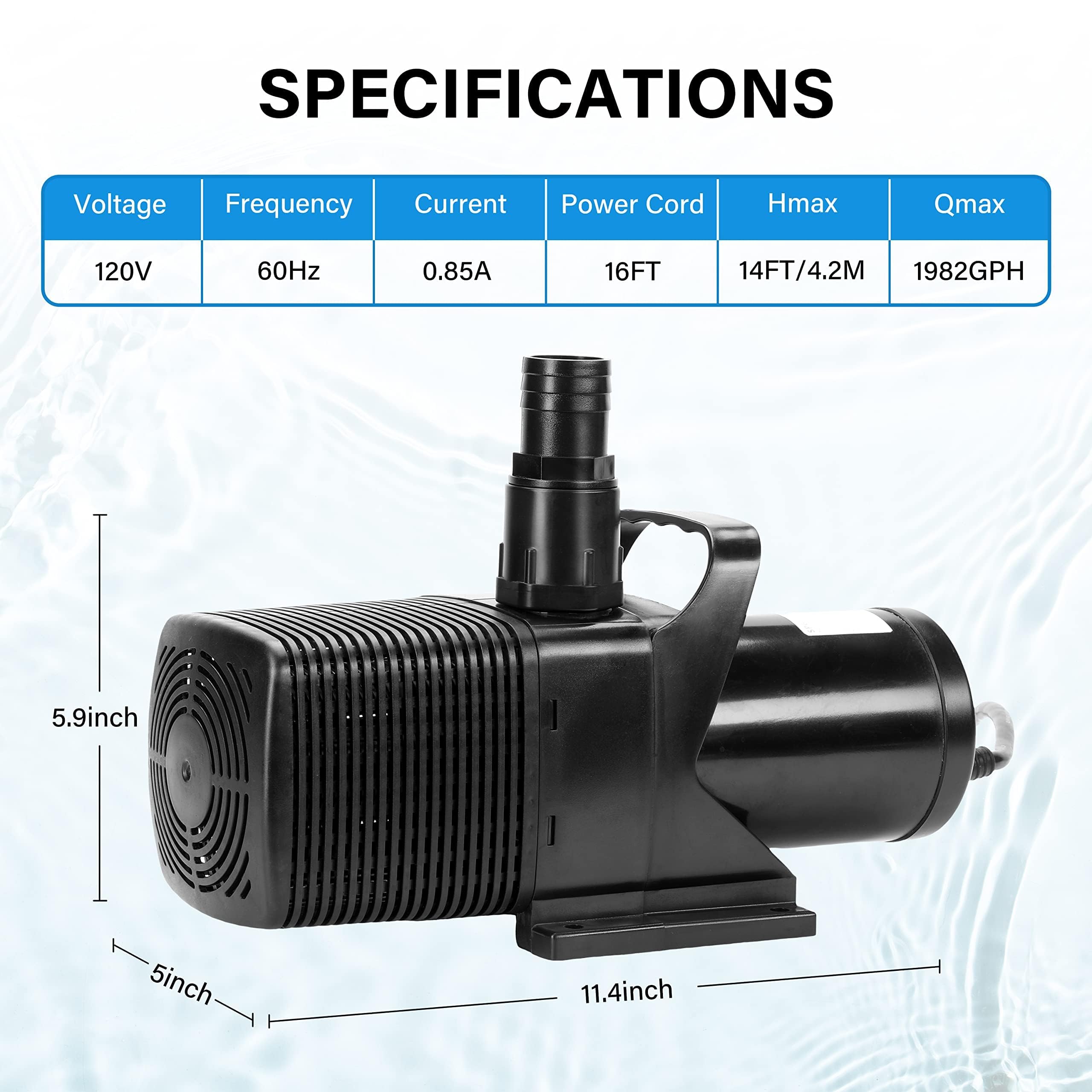 Simple Deluxe 110W 1982GPH Submersible Water Pump(7500L/H), Ultra Quiet(14ft High Lift), with 16ft Power Cord for Fish Tank, Pon