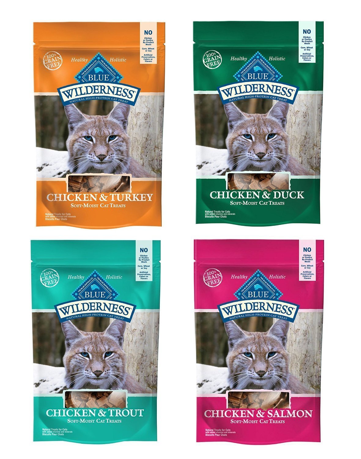 Blue Buffalo Wilderness Soft-Moist Grain-Free Cat Treats Variety Pack - 4 Flavors (Chicken & Duck, Chicken & Trout, Chicken & Salmon, And Chicken & Turkey) - 2 Oz Each (4 Total Pouches)