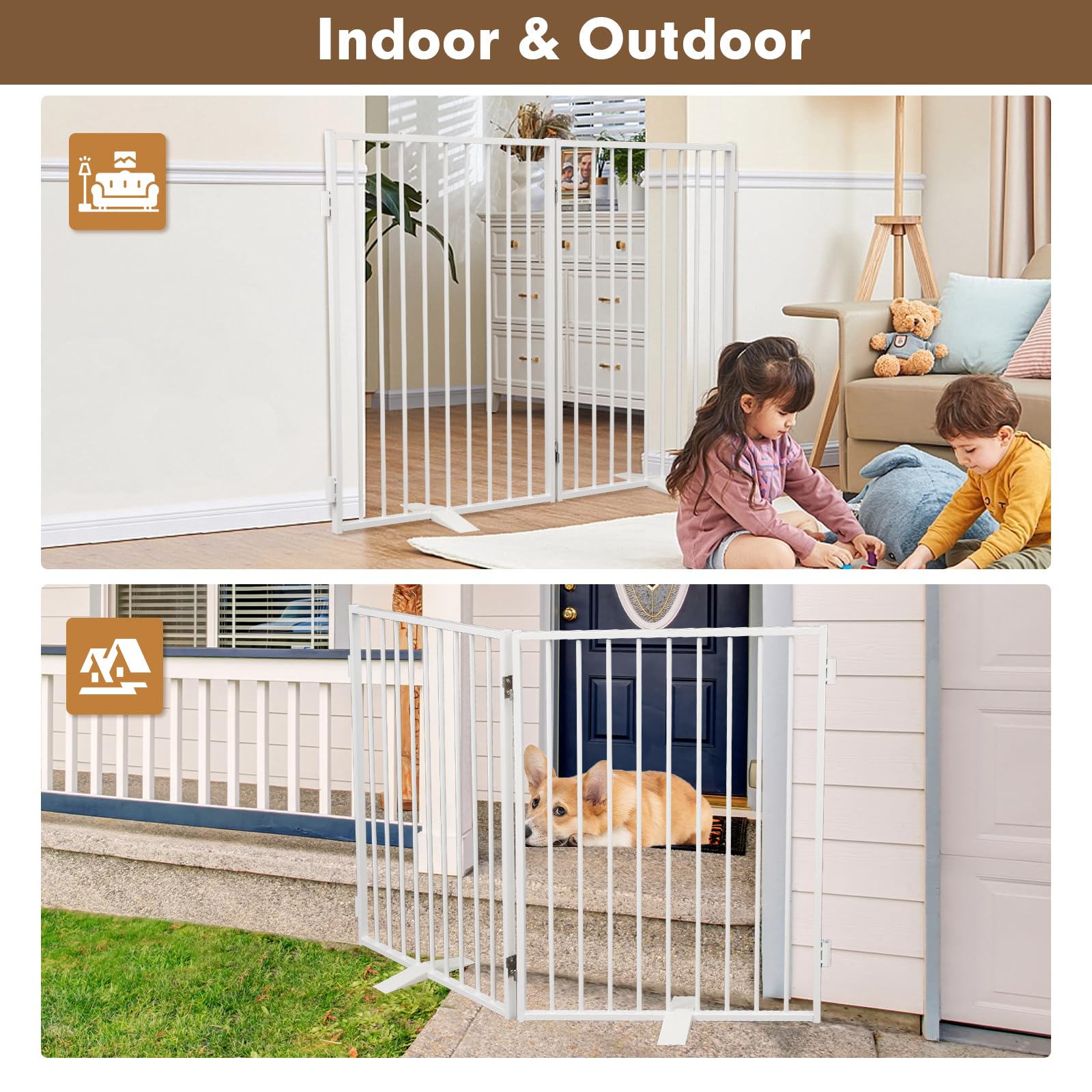 Metal Freestanding Dog Gates,Extra Wide 24'', 32'' Height Foldable Dog Fence For Indoor & Outdoor, Heavy Duty Freestanding Pet B