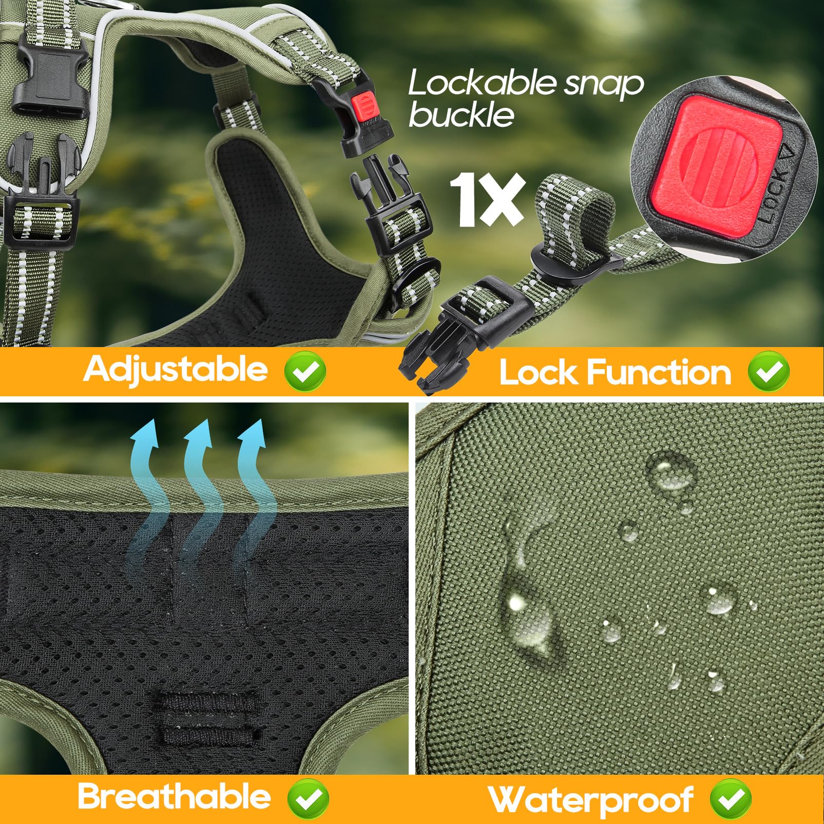 Timos No Pull Dog Harness, Medium, Lock Green, 1680D Oxford, Adjustable, Reflective Vest with Front Clip and Control Handle