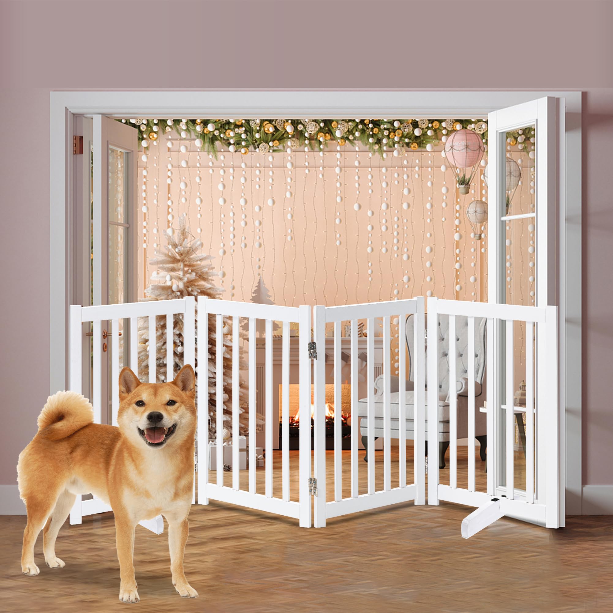 Lzrs Solid Hardwood Freestanding Pet Gate,Wooden Dog Gates For Doorways,Nature Wood Dog Gates For The House,Dog Gate For Stairs,Freestanding Indoor Gate Safety Fence,White,30' Height-4 Panels