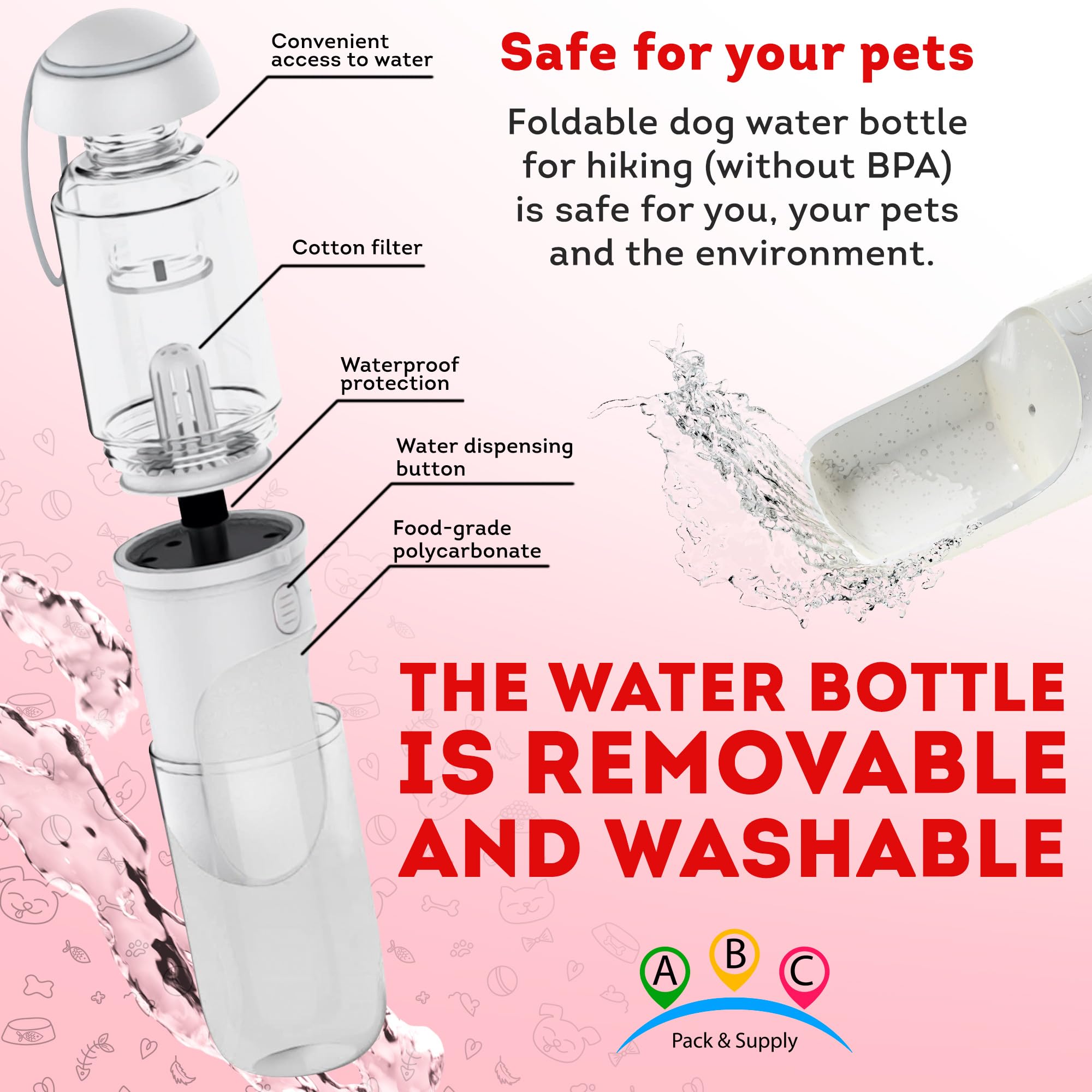 Abc Pack & Supply Portable Dog Water Bottle Dispenser 12 Oz, 11.8 X 7.9 X 9.2 Inch. Pet Water Bottles For Dogs On Walks. Abs Dog Travel Water Bottle With Silicone Strap & Cotton Filter