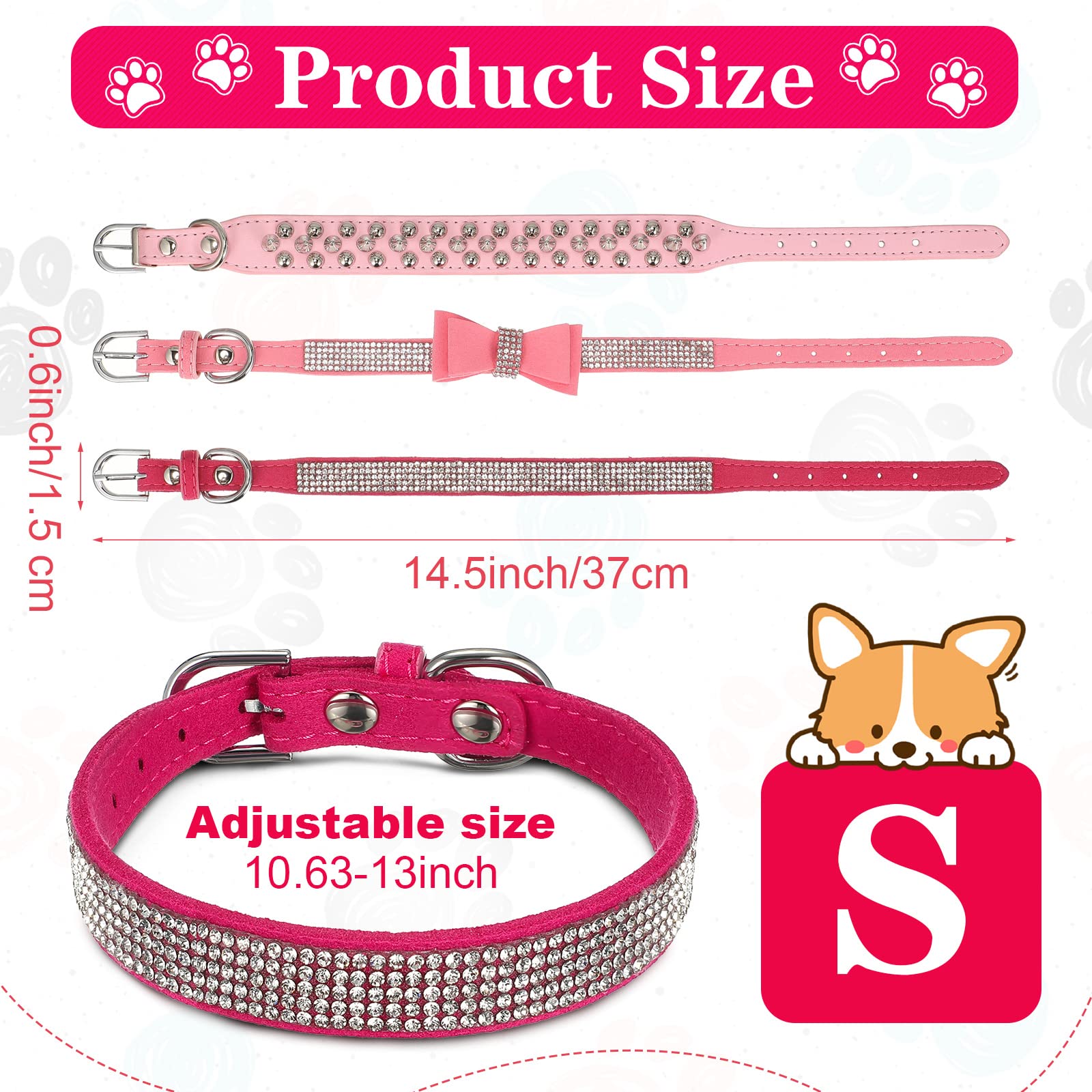 4 Pcs Pink Dog Collar Spiked Studded Dog Collars Pearls Dog Necklace Dog Collar With Rhinestone Bow Knot Crystal Diamond Colorful Flower Bling Girl Dog Cat Collars For Dogs(Cute Style,Small)