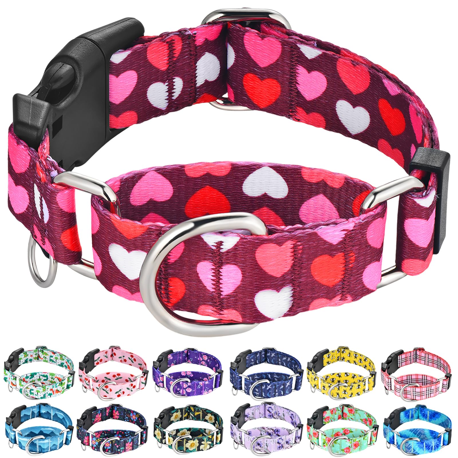 Fidohug Pink Martingale Collar For Dogs With Buckle Adjustable Heart Valentines Dog Collars (Burgundy Love, Large)