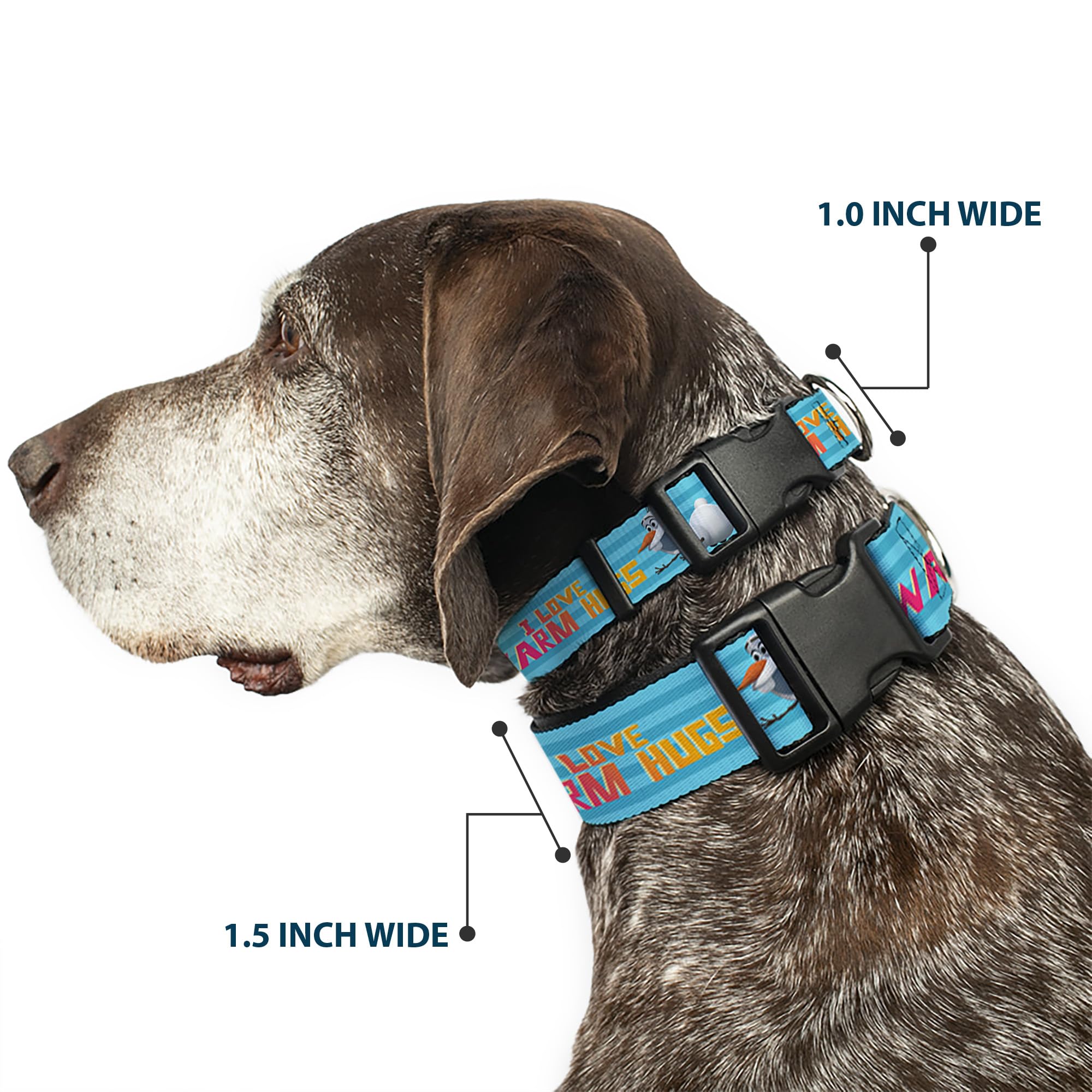 Buckle-Down Plastic Clip Collar - Olaf Pose I Love Warm Hugs Stripe Blues - 1.5' Wide - Fits 18-32' Neck - Large