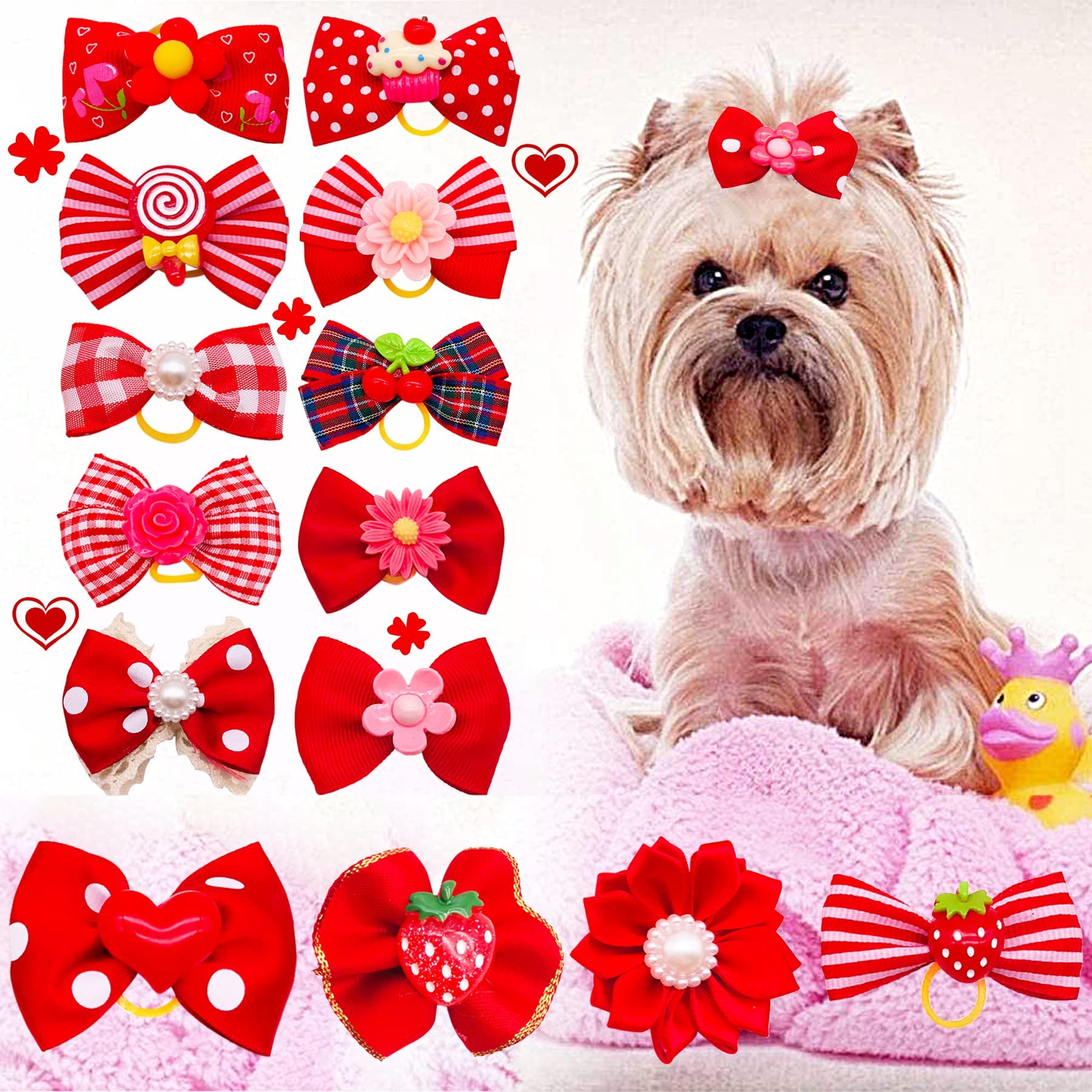 Jpgdn 30Pcs/15Pairs Dog Hair Bows With Rubber Bands Puppy Hair Bowknot Top Knot Elastic Red For Girl Female Doggy Cat Rabbit Poodle Pet Animal Grooming Accessories Attachment