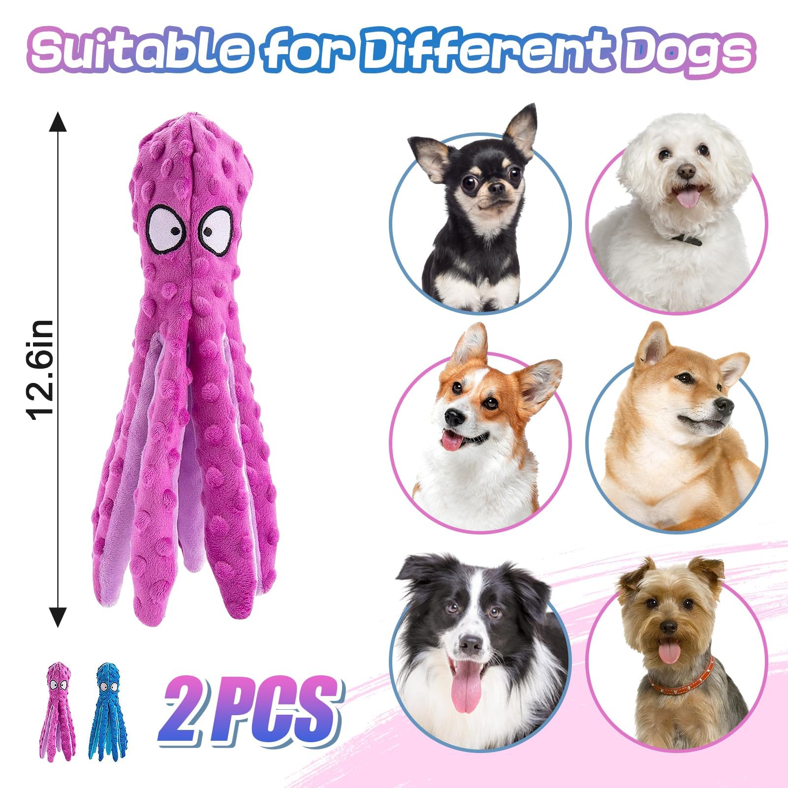 Alphatool Squeaky Dog Toys - 2pcs Soft Plush Chew Crinkle Puppy Toys to Keep Them Busy, Octopus No Stuffing Interactive Essentia