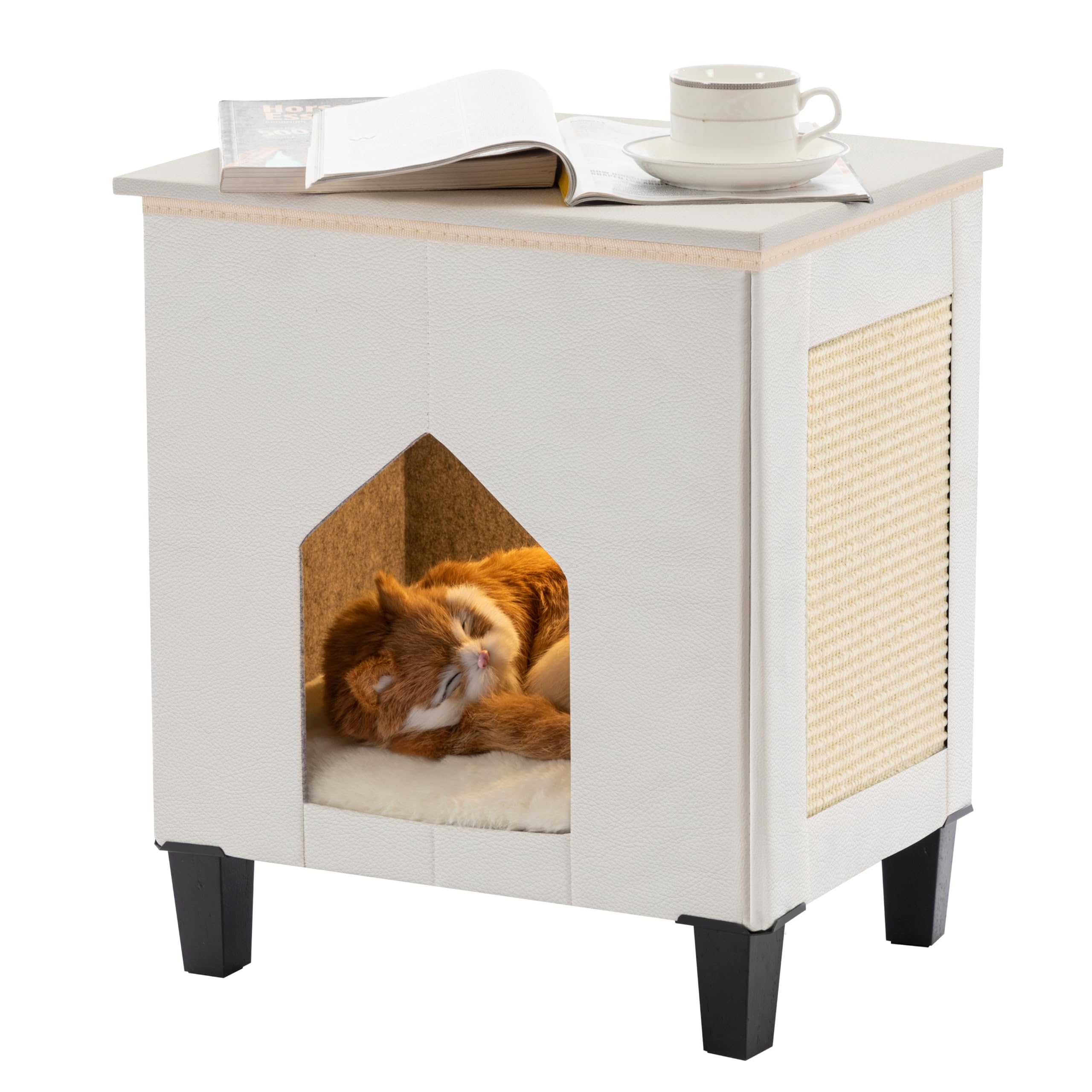 NUROMY Cat Condo & Hideaway Cave with Scratch Pad, Leather Cat Bed & Side Table, White