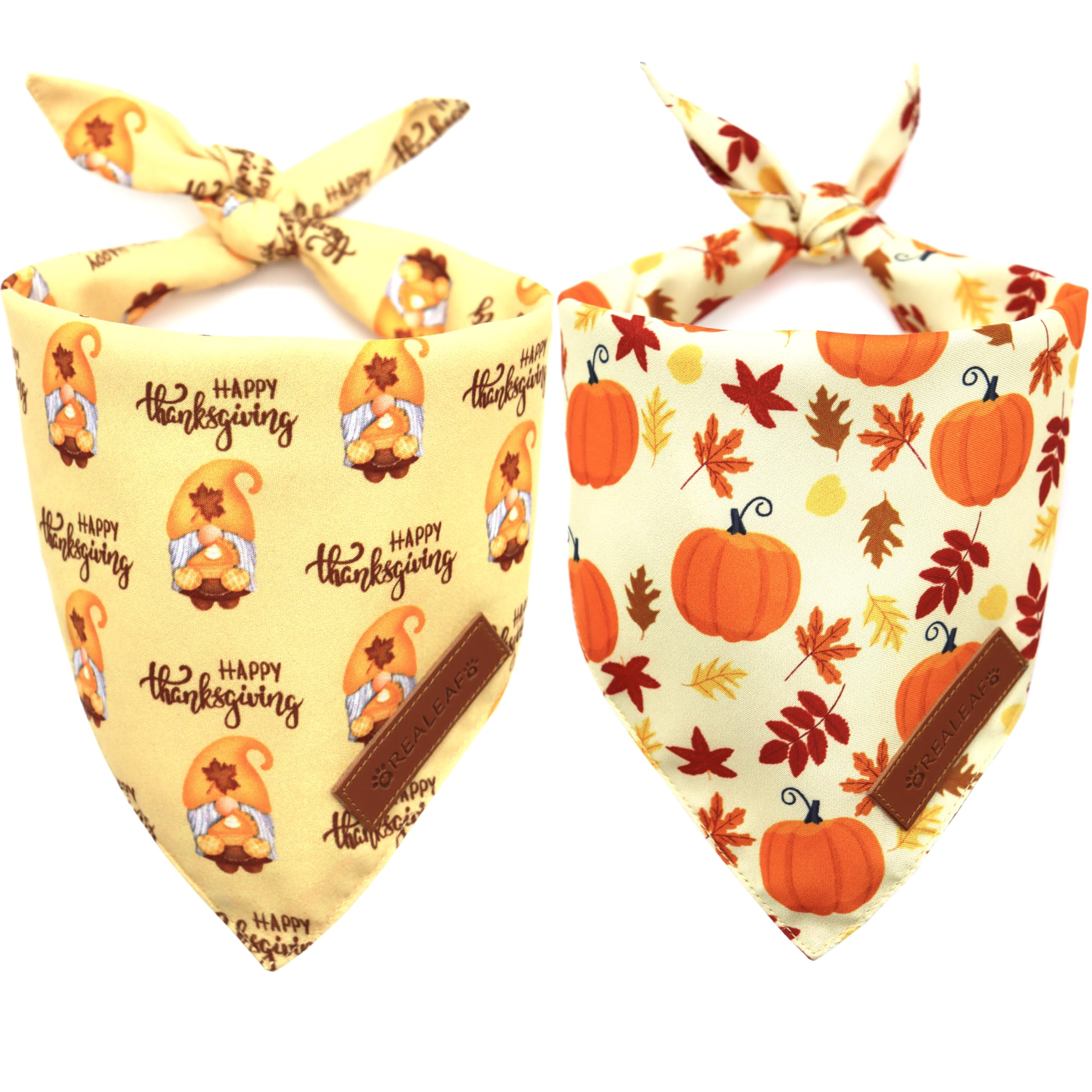 Realeaf Thanksgiving Dog Bandanas 2 Pack, Pumpkins And Happy Thanksgiving Pet Scarf For Boy And Girl, Premium Durable Fabric, Reversible Holiday Bandana For Large And X-Large Dogs Pets (X-Large)