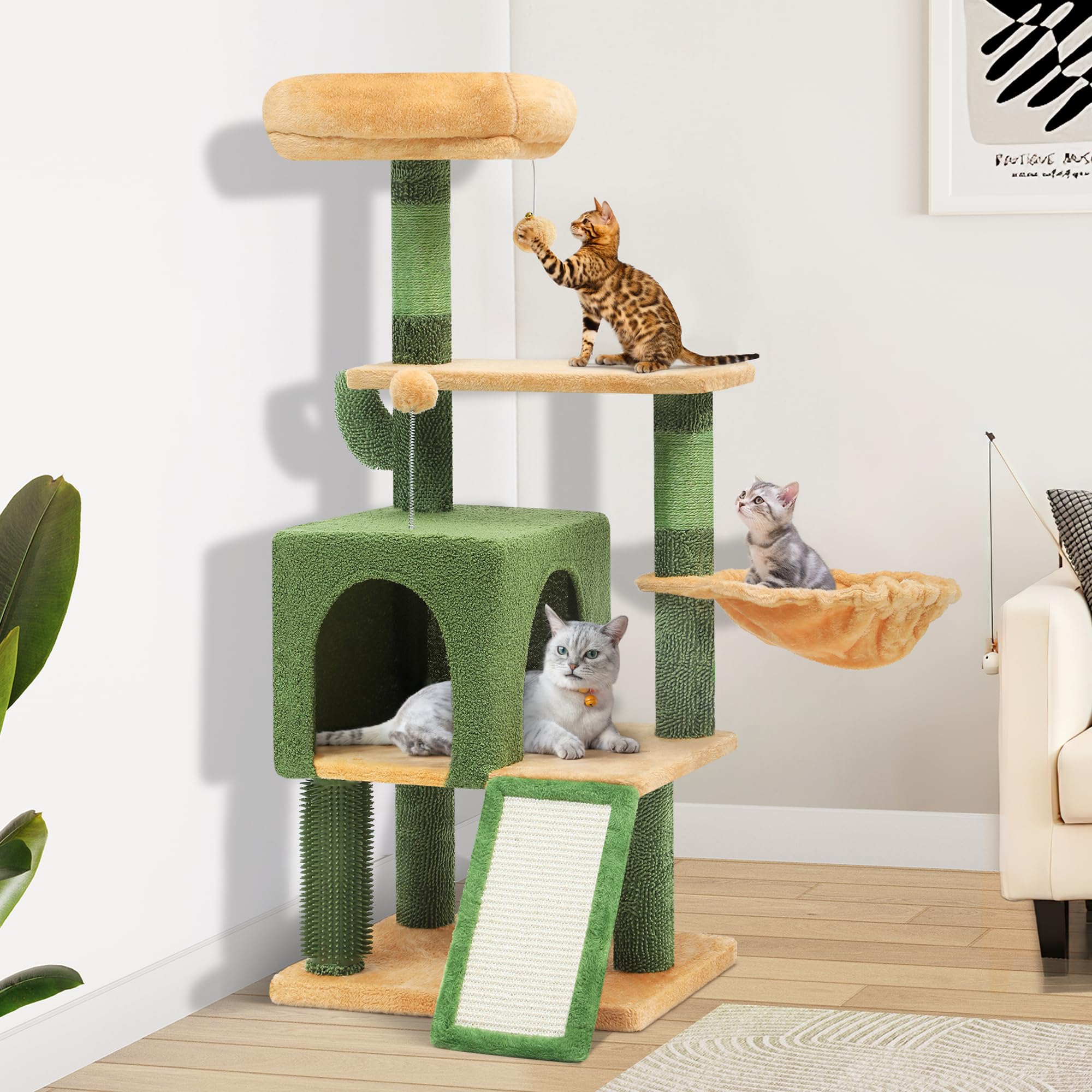 Yitahome 44.5In Tall Cactus Cat Tree Tower With Self-Grooming Brush, Cute Cat Climbing Tower For Indoor Cats With Cat Condo, Plu