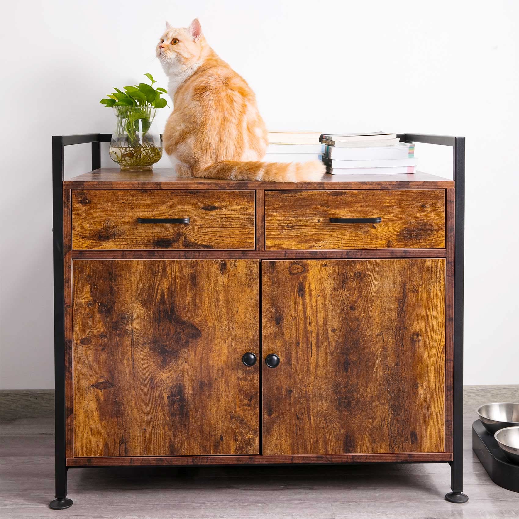 Tengchang Large Cat Litter Box Enclosure Cabinet, Hidden Cat Washroom House Box Pet Cates With Double Drawers & Doors