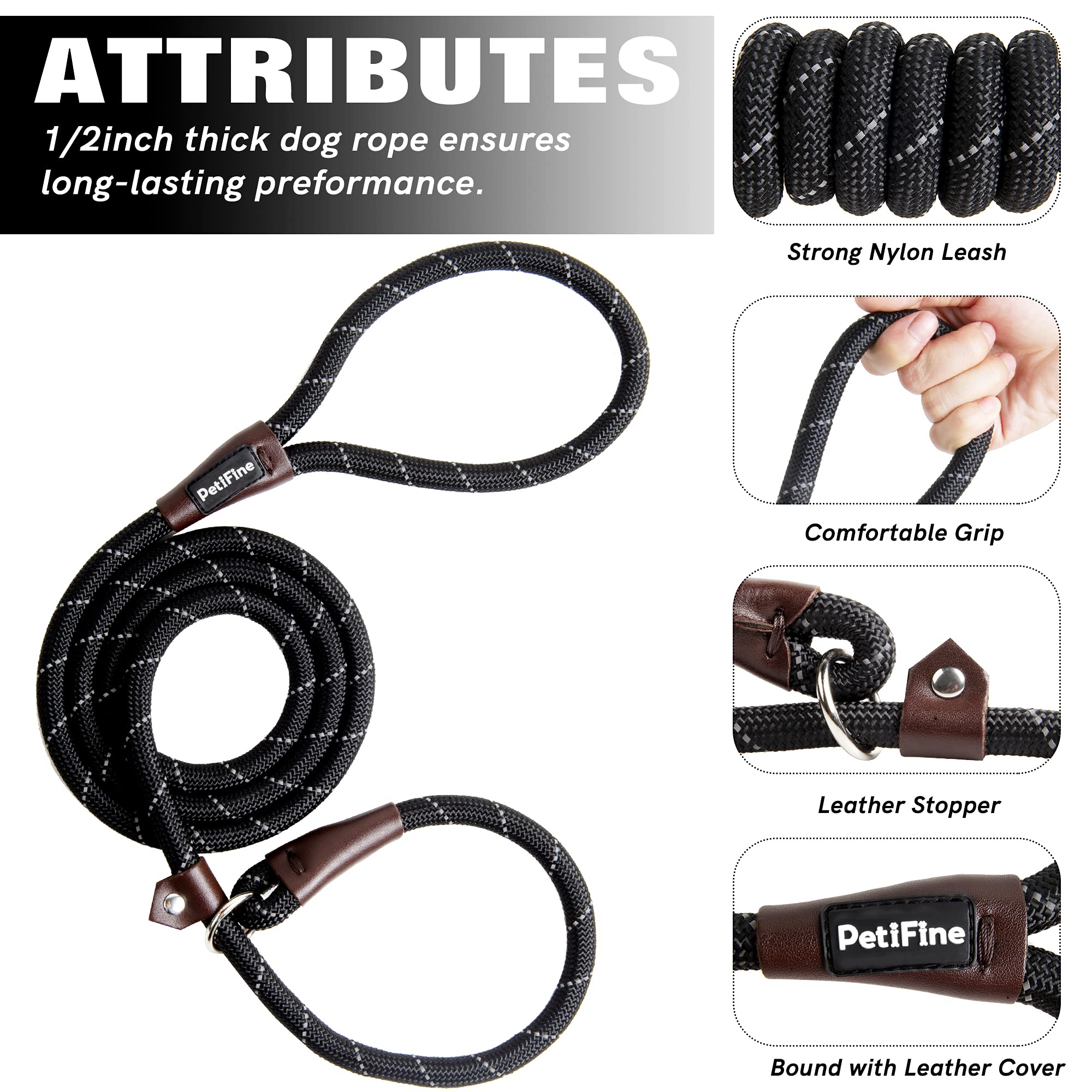 Petifine Slip Lead Dog Leash, Full Reflective Slip Knot Dog Training Leashes, Heavy Duty Adjustable Pet Nylon Slip Loop Leash For Small Medium Large Dogs(Black)