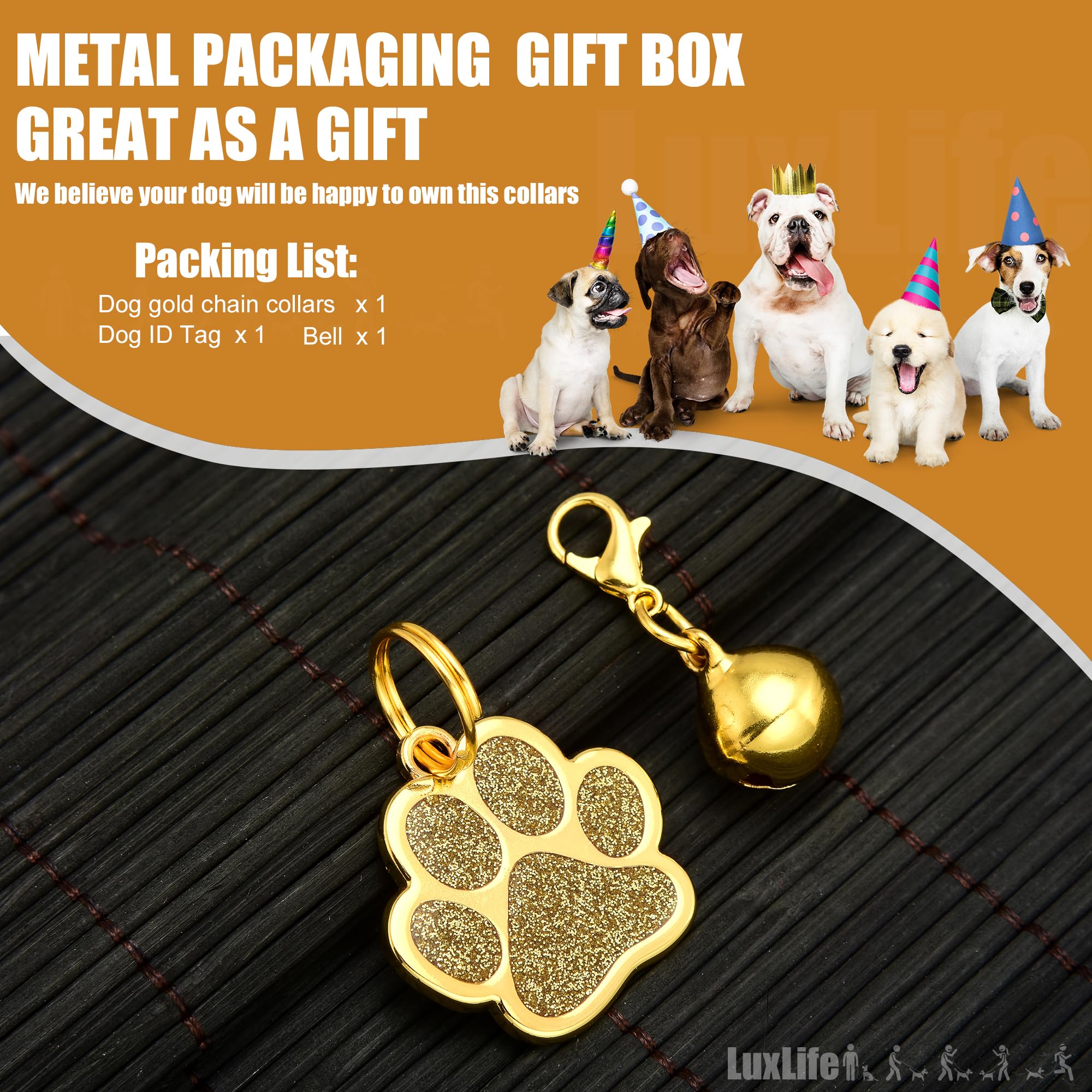 Luxlife 15Mm/10 Inch Gold 18K Gold Chain Dog Collar With Built-In Bell And Tag For Small, Medium, Large Dogs