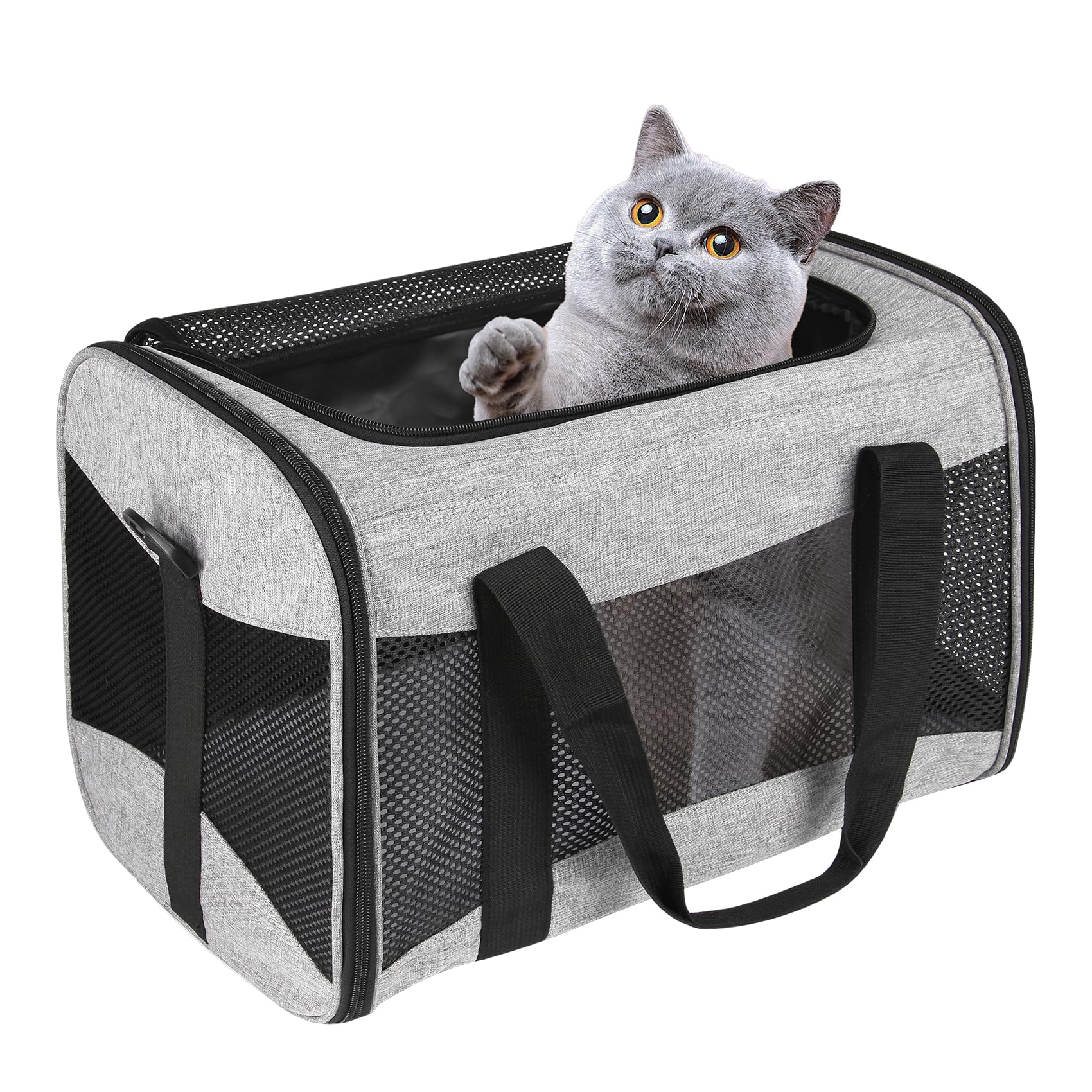 Cat Carrying Case - Pet Carrier Airline Approved, Protable And Breathable Pet Travel Carrier Removable Fleece Pad, Collapsible Cat Carrier Dog Carrier For Medium Cats Small Cats Dogs (X-L Grey&Black)