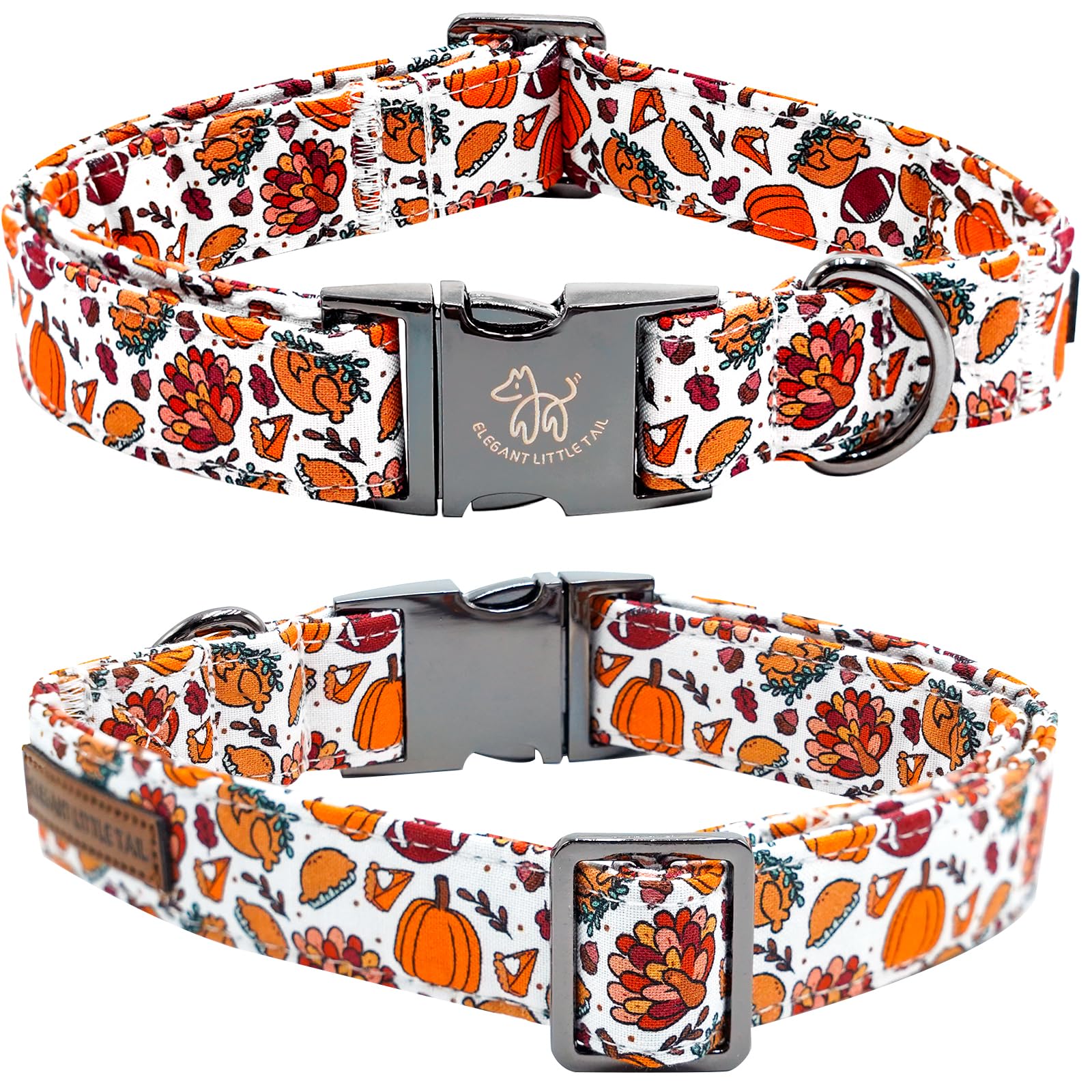 Elegant Little Tail Thanksgiving Dog Collar, Turkey & Pumpkin Pattern, Cotton With Metal Buckle, Adjustable For X-Small Puppy