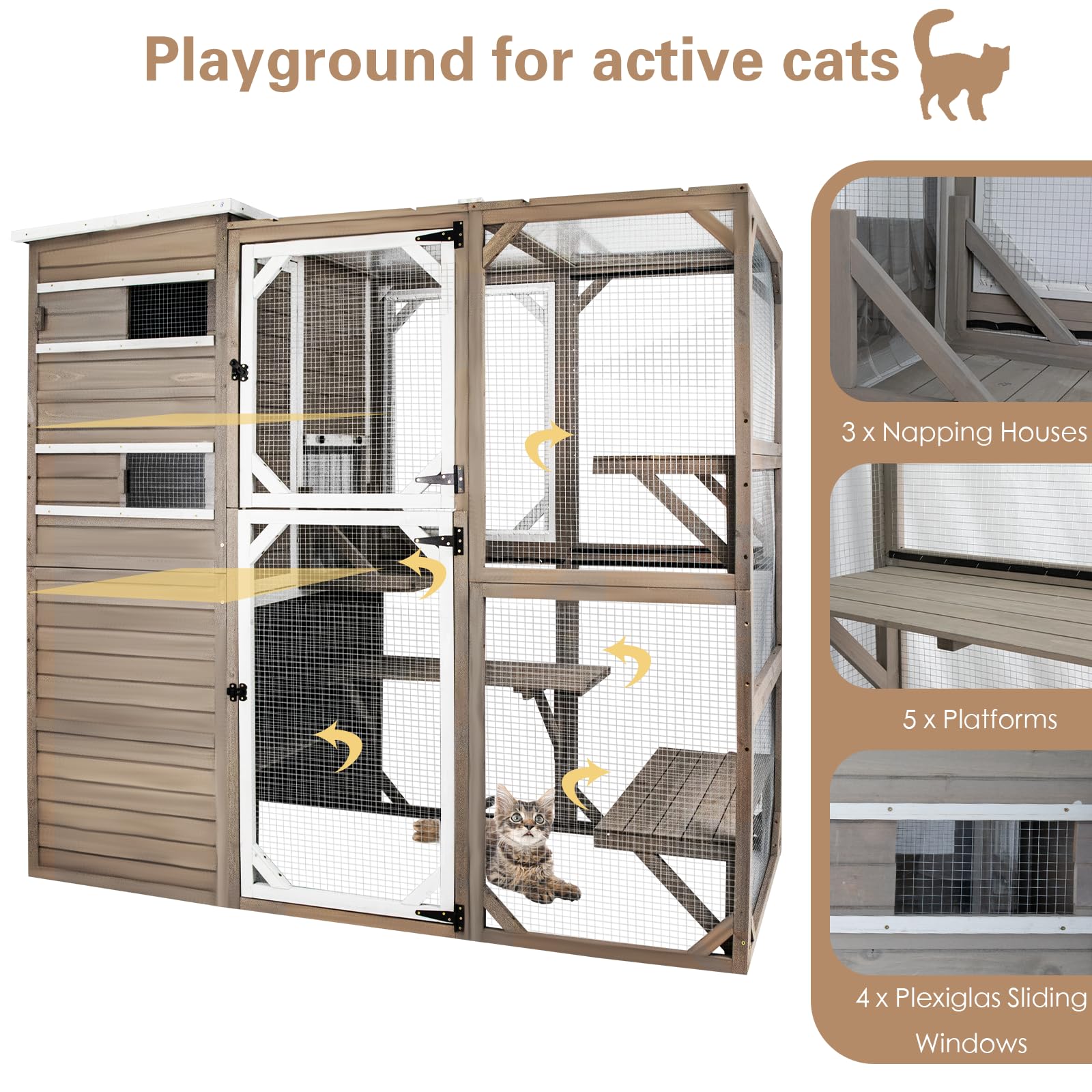 Ketive Catio Outdoor Cat Enclosure, Large Cat House Cat Cage Condo Indoor Playpen Kitty Shelter With Multi-Level Platforms, Wate