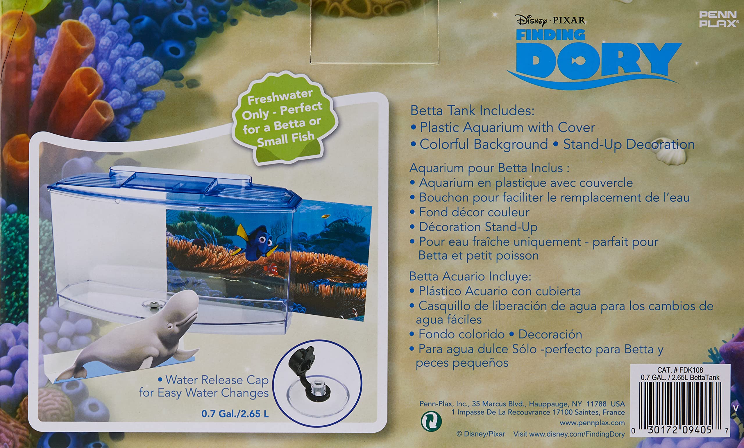 Penn-Plax Finding Dory Betta Aquarium Fish Tank Kit | 0.7 Gallon Size | Includes Décor, Background, And Lid