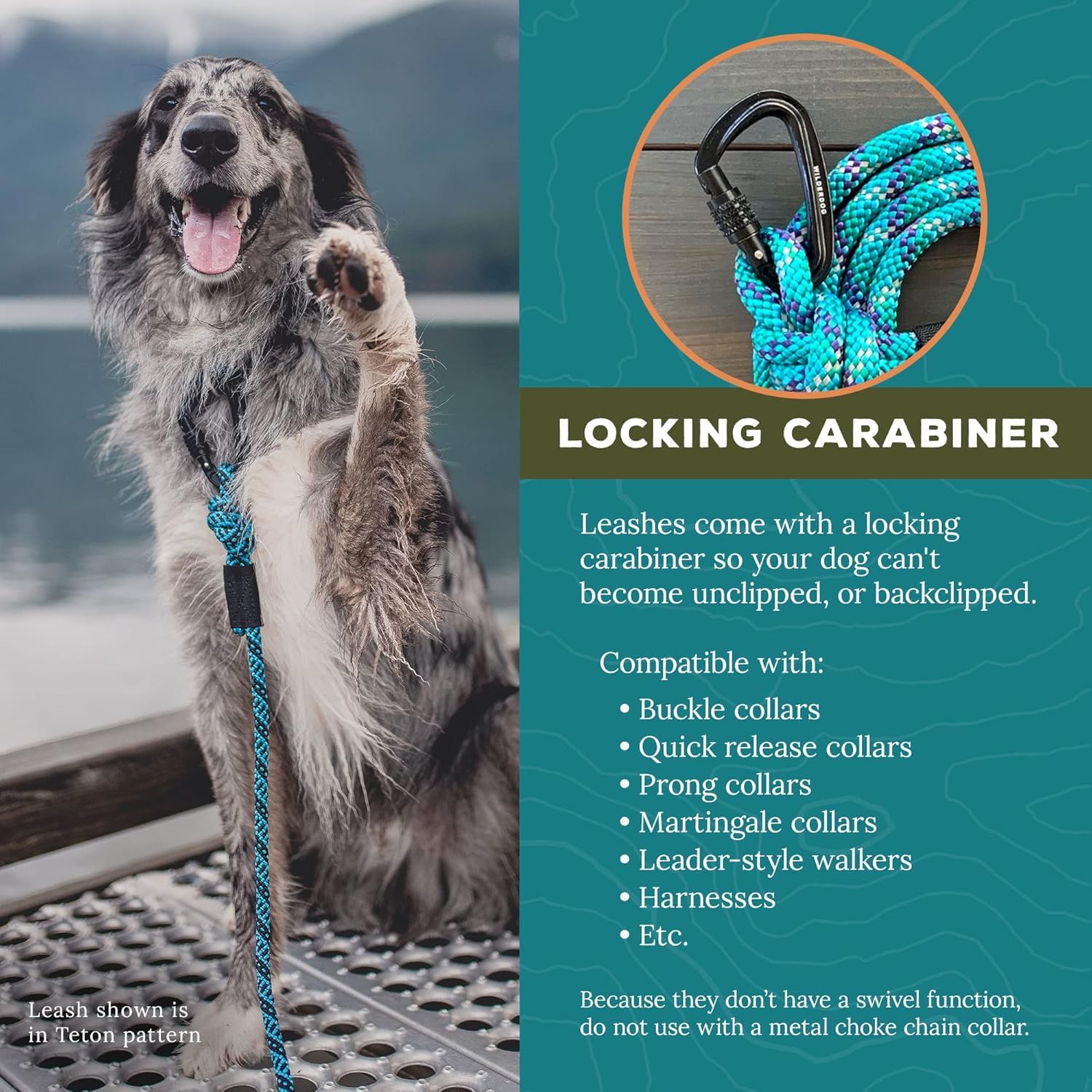Wilderdog Carabiner Climbing Rope Dog Leash For Medium & Large Dogs - 5Ft - Islander