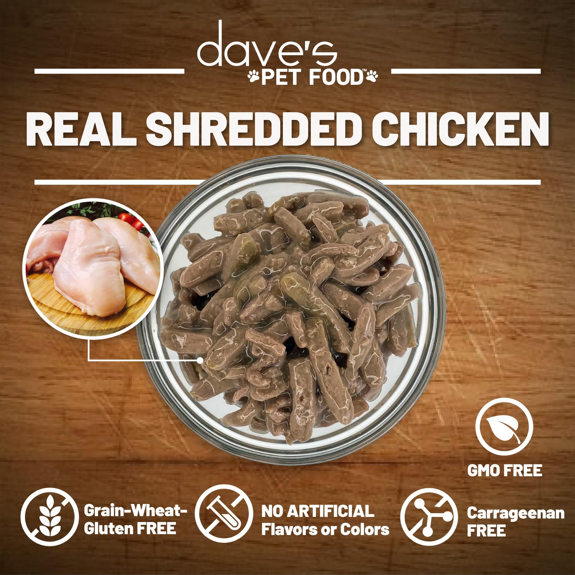 Dave's Pet Food Grain Free Wet Cat Food, Shredded Chicken in Gravy, 5.5oz (24 Pack), Wheat & Gluten-Free, GMO-Free, Made in Canada