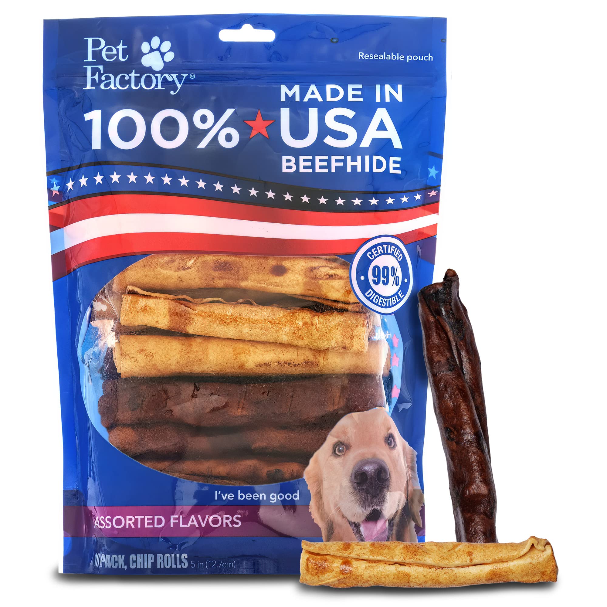 Pet Factory 100% Made in USA Beefhide 5 Chip Rolls Dog Chew Treats - Beef & Chicken Flavor, 18 Count/1 Pack