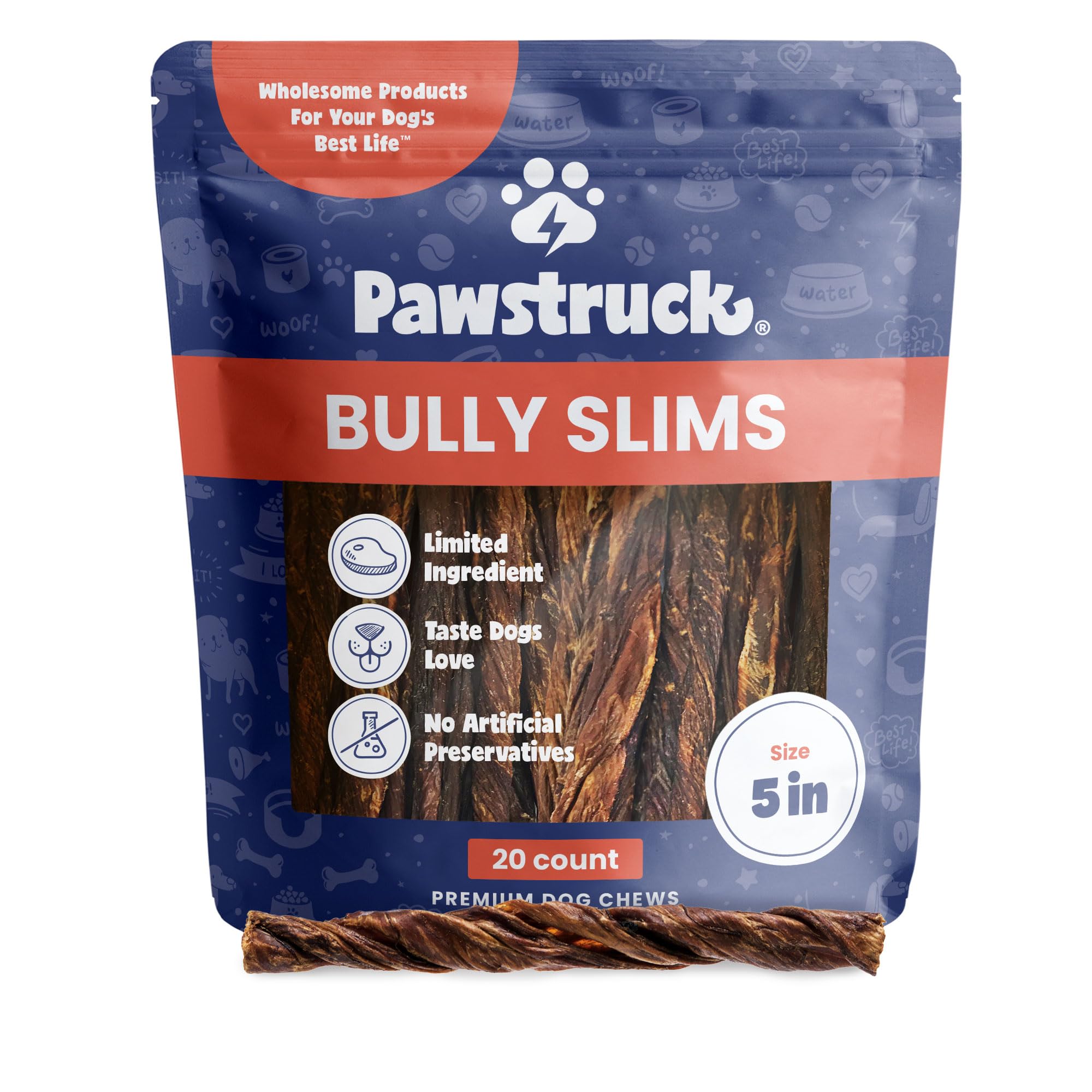 Pawstruck Natural 5    Beef Bully Slims Junior Gullet Chew Sticks for Small Dogs & Puppies - Healthy Rawhide Free Esophagus Jerk