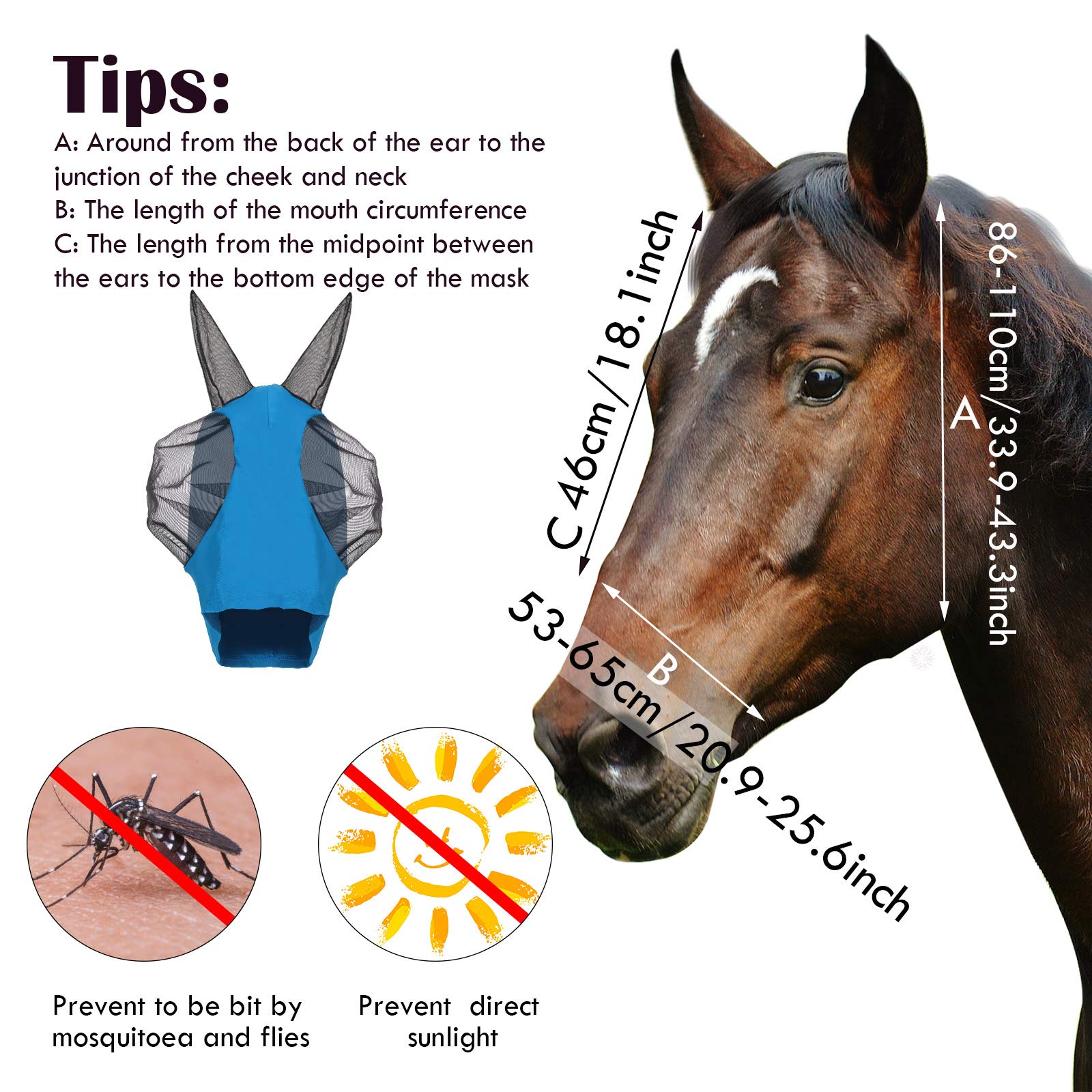 Weewooday 2 Pieces Horse Fly Masks for Horses Horse Mask with Ears Smooth and Elasticity Fly Mask with UV Protection(Blue, Black