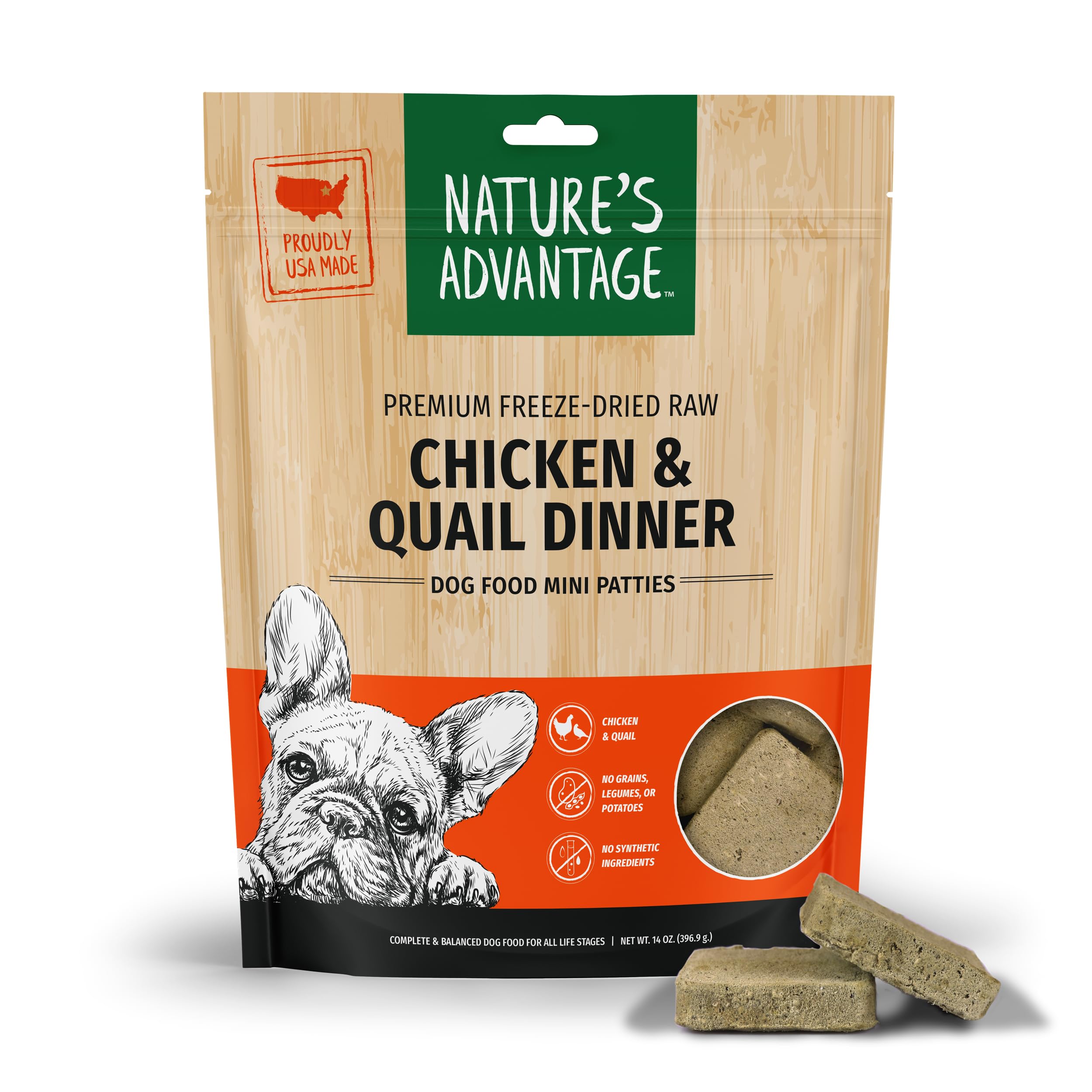 Natures Advantage Freeze-Dried Raw Chicken & Quail Dinner Dog Food Mini Patties, 14 oz | Grain Free, High Protein Nutrition