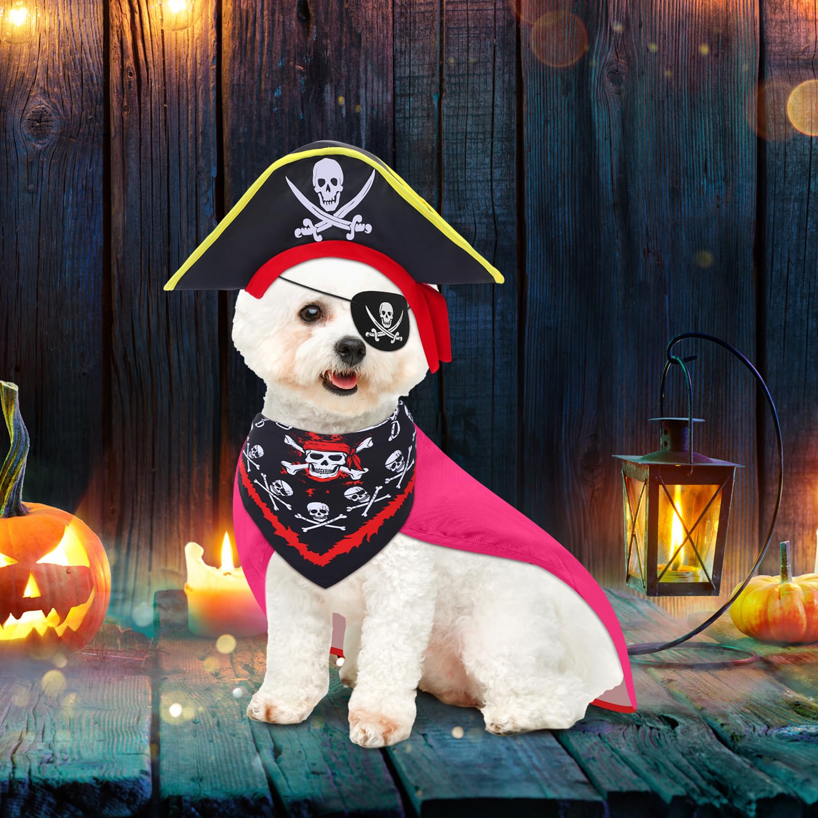 Huhumy 4 Pcs Dog Pirate Costume Set Dog Pirate Hat Pet Skull Triangle Bandana Puppy Cape and Eye Mask for Halloween Outfits Acce