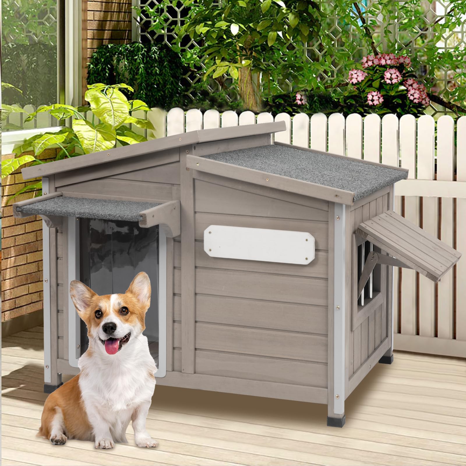 Ketive 34 L Outdoor Dog House with Removable Floor, Raised Feet, Anti-Chewing Iron Frame - Weatherproof Wooden Kennel with Roof,