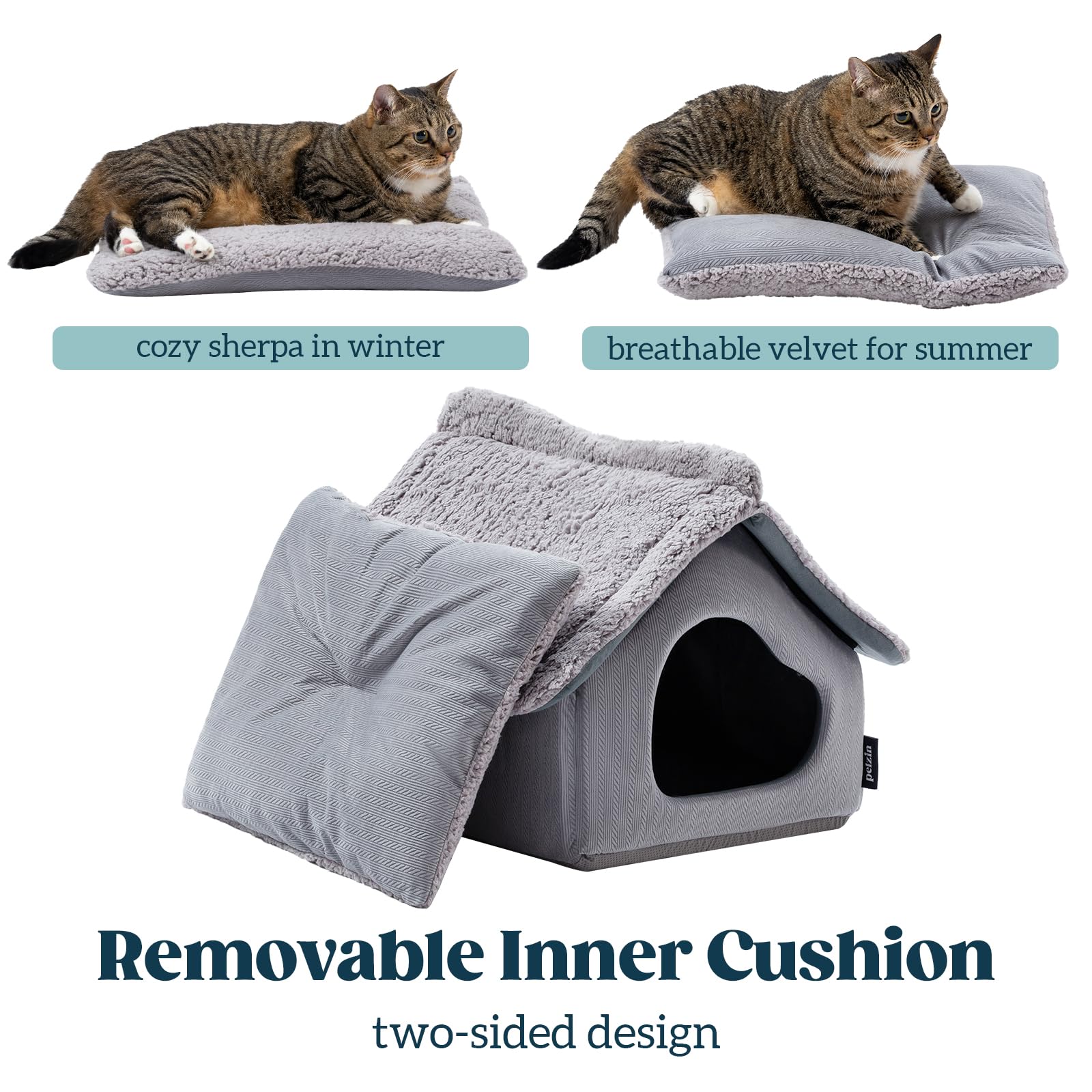 Pelzin Cat Houses For Indoor Cats - Large Cat Cave Bed With Removable Support Foam And Washable 2-Side Mat - Covered Cat Bed For