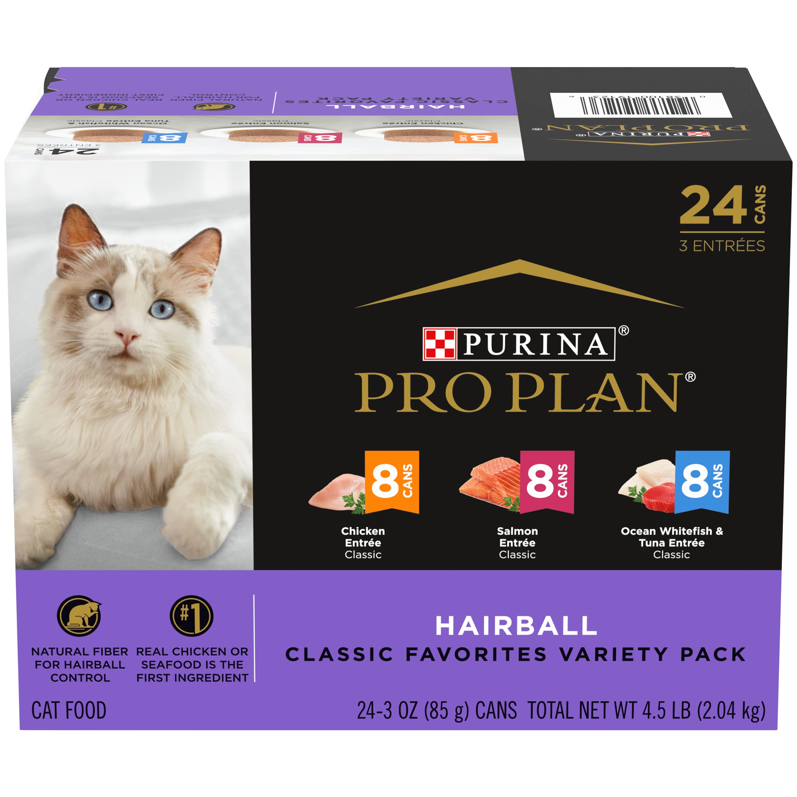 Purina Pro Plan Hairball Control Cat Food, Wet Cat Food Variety Pack, Hairball Control Entrees - (Pack of 24) 3 oz. Cans
