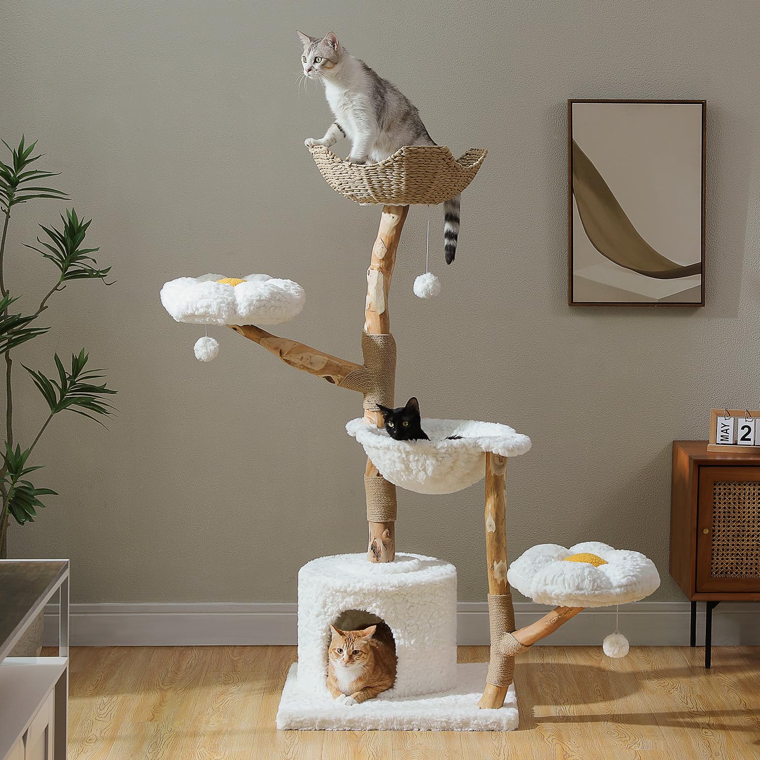 Muttros 59' Modern Cat Tree Tower For Large Cats W/2 Flower Perches-Natural Solid Wood Scratching Post With Real Branch-Luxury 