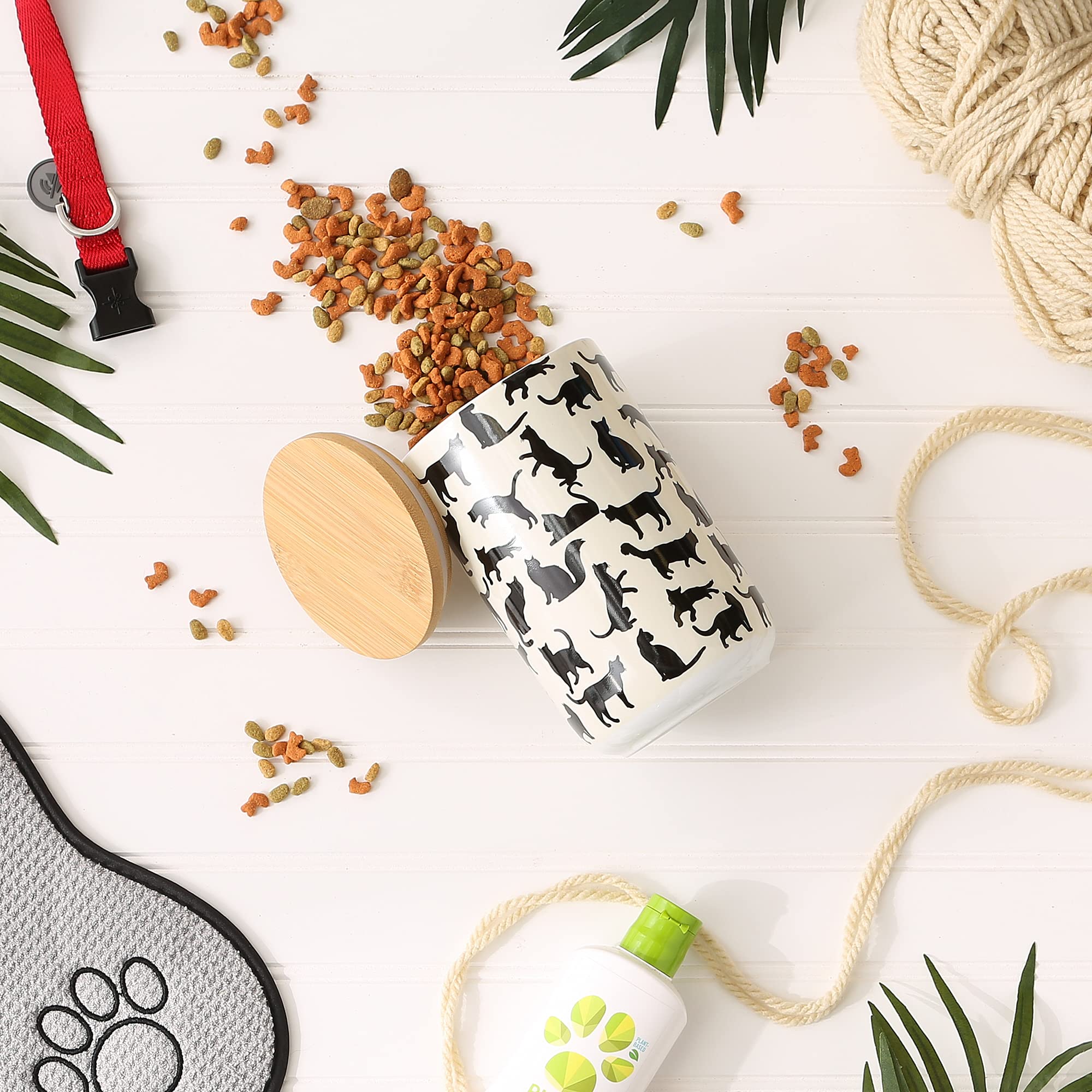 Bone Dry Ceramic Treat Jar for Cats and Dogs, Bamboo Lid, Dishwasher Safe Canister, 4x6.5, Black/White, Cat Treats