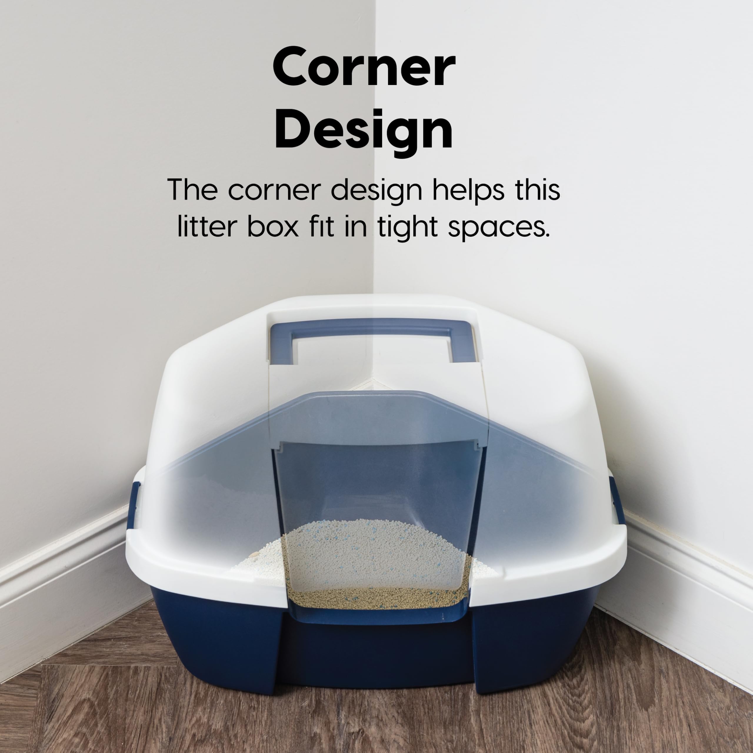 Iris Usa Corner Cat Litter Box Enclosed With Scoop - Privacy And Easy Access For Cleaning, Odor Defensive Hooded Litter Tray, Sturdy Stain Resisting Plastic, Fits In Most Corners, Navy/White