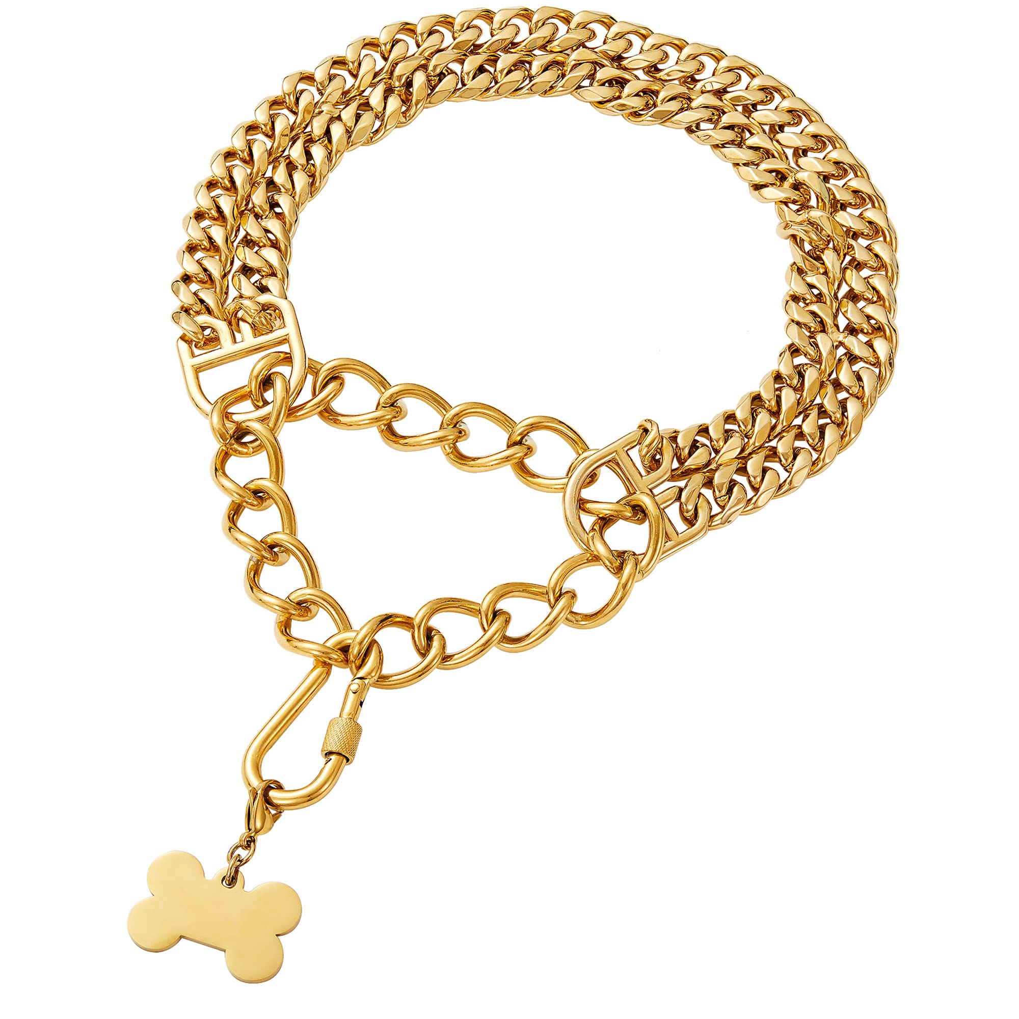 W/W Lifetime Gold Dog Chain Collar Walking Metal Chain Collar with Design Secure Buckle,18K Cuban Link Strong Heavy Duty Chew Pr