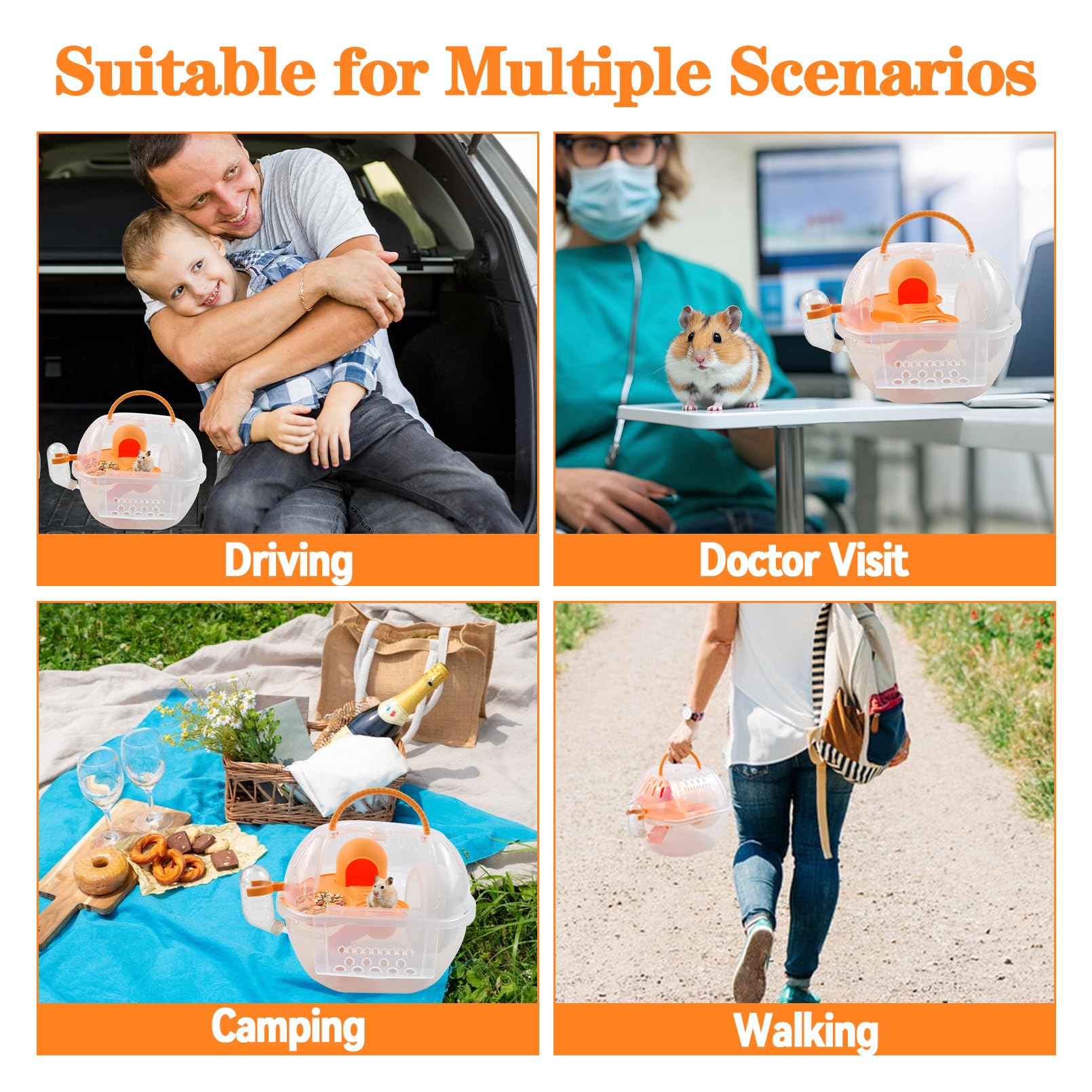 MUYG Hamster Transport Carrier,2 Tiers Dwarf Hamster Cage Carrier Breathable Small Animal Travel Carry Case with Silent Exercise