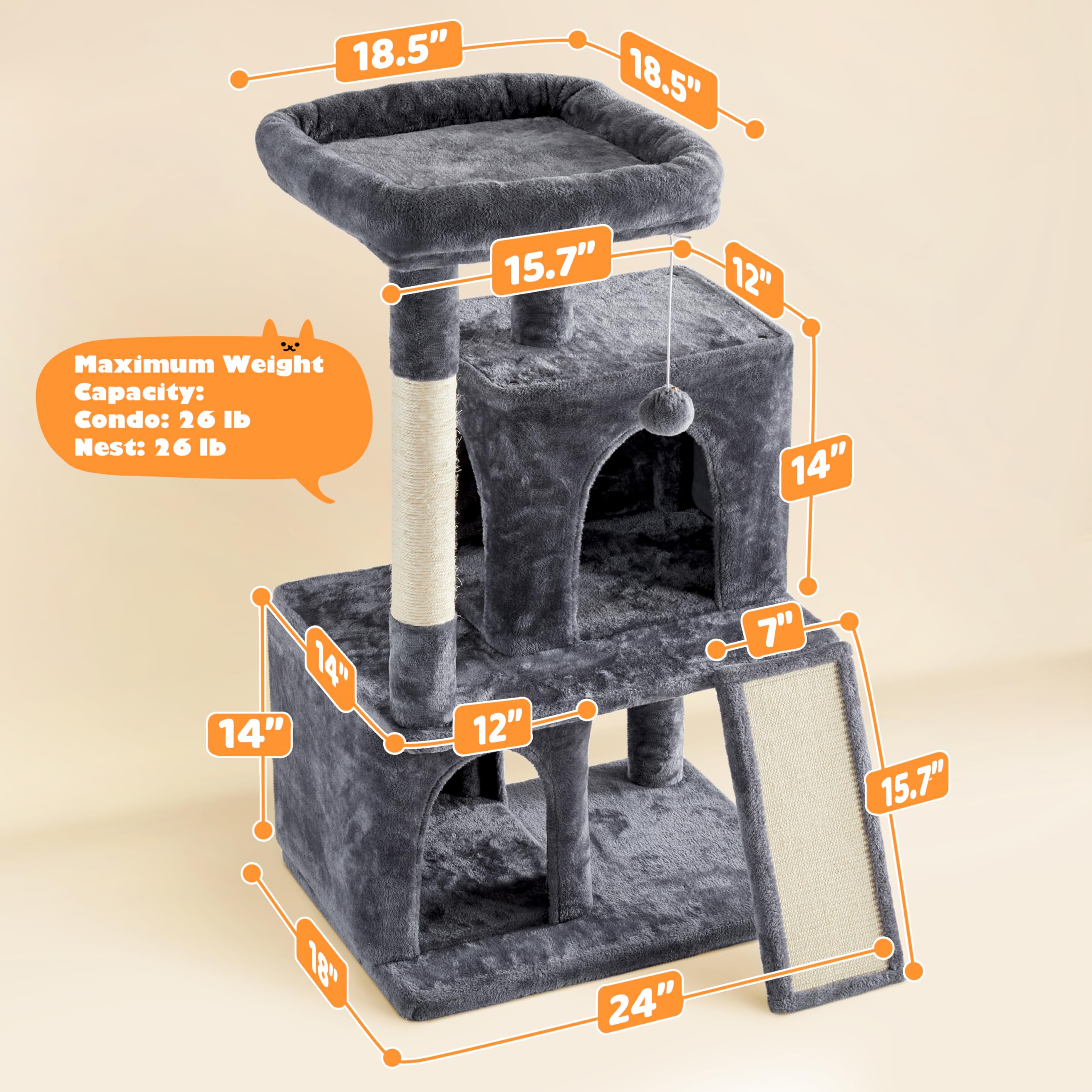 Yaheetech 42in Cat Tree Tower with Scratching Posts, Plush Condo, Ramp & Perch, Multi-Level Climber for Indoor Cats & Kittens, D