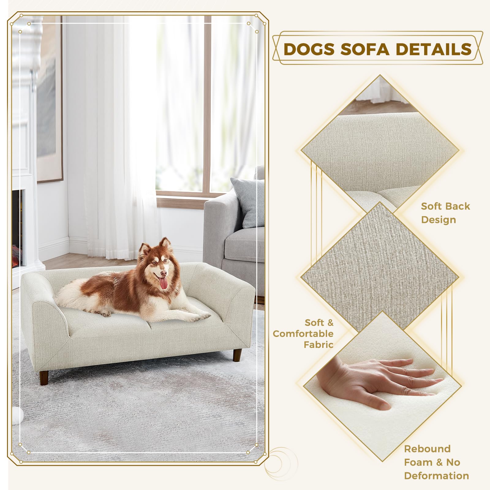 Dog Bed For Large Dogs Up To 50 Lbs, 28'' W Memory Foam Dog Sofa Bed, Modern Elevated Dog Couch Bed With Wooden Legs, Rectangle