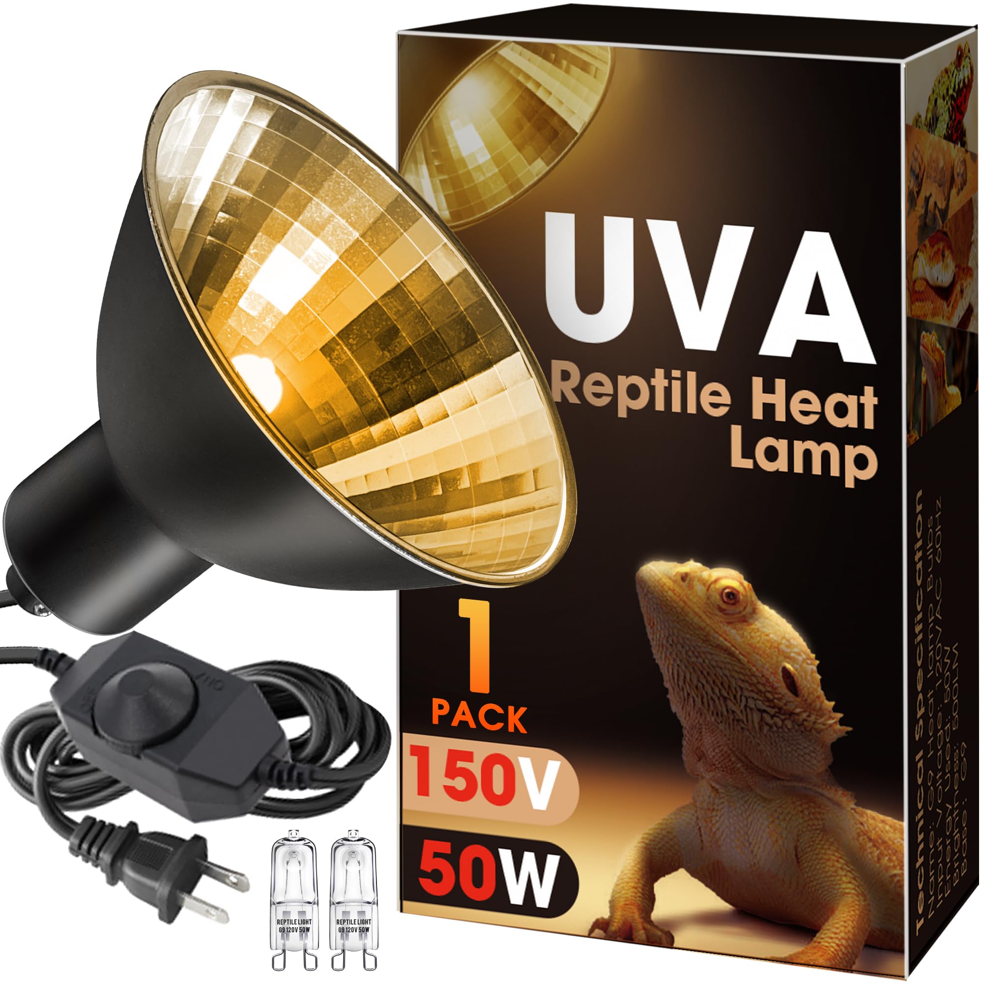 Reptile Heat Lamp 50W G9 Halogen Heat Bulb & Dome Reptile Light Fixture, Aluminum Reflector, UVA Basking Light for Reptiles, Dim