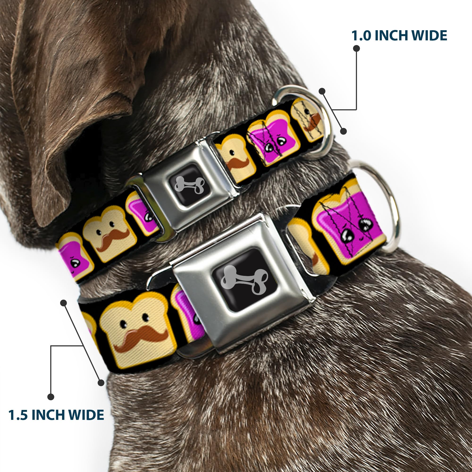 Buckle-Down Seatbelt Buckle Dog Collar - Peanut Butter W/Mustache & Jelly - 1.5' Wide - Fits 13-18' Neck - Small