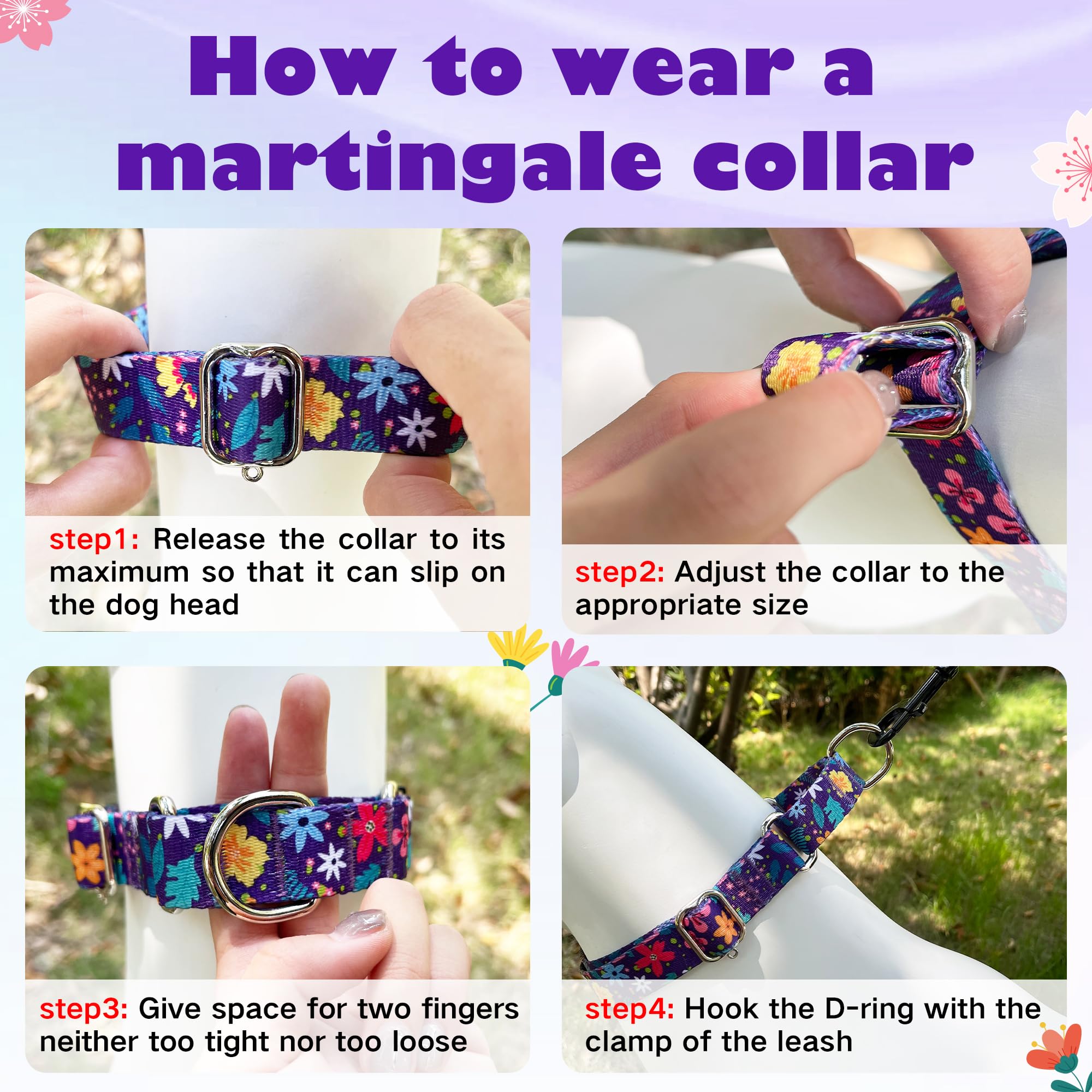 Hikiko Martingale Collar For Dogs With No Buckle Flower Dog Collars Pretty Cute Purple Dog Collar For Medium Dogs,Colourful Blos